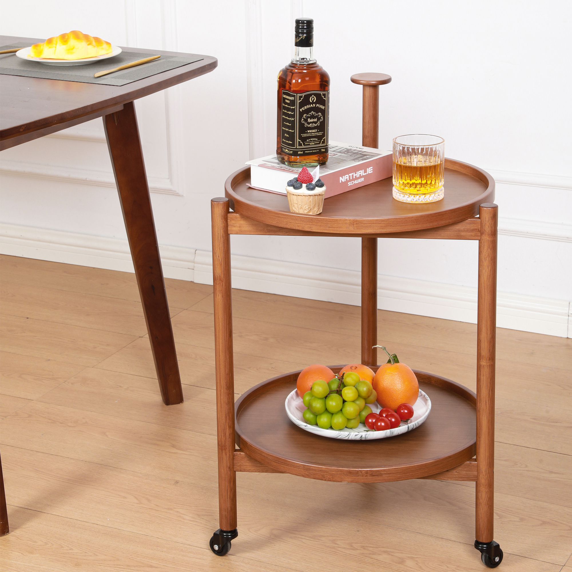 Rolling End Table Bar Cart with 2 Tier, Storage Coffee Table, with Shelf,Handle and Wheel, Modern Style for Living Room, Kitchen, and Office