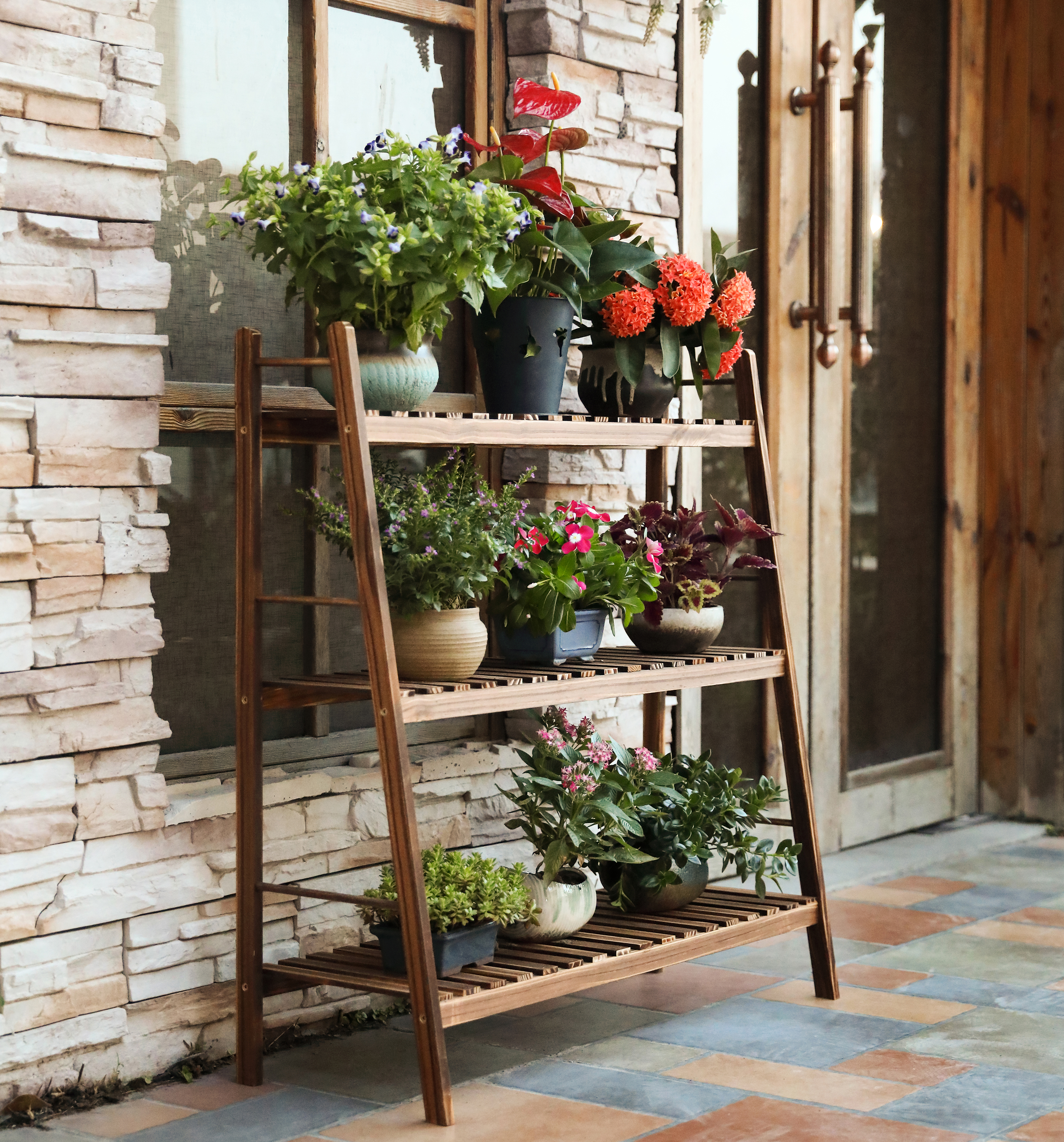 Wood Plant Stands, 3 Tiers Plant Rack, Carbonized Plant Holder, Vertical Tiered Plant Ladder Shelf, Indoor Outdoor Display Rack for Patio Garden Balcony Yard