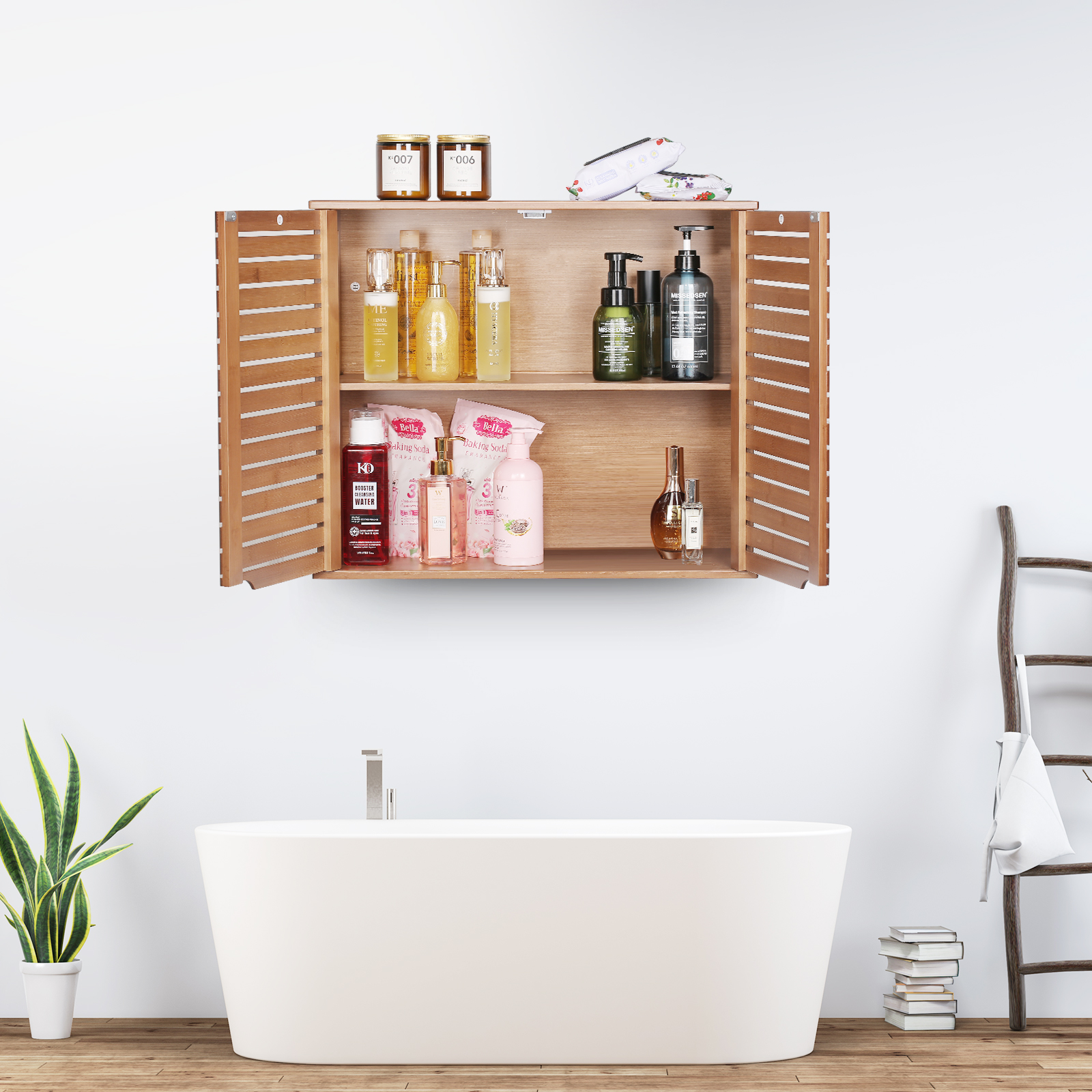 HYNAWIN Bamboo 2 Tier Bathroom Wall Cabinet with Adjustable Shelf, Double Door Cabinet for Bathroom, Living Room (20.28'' Height)