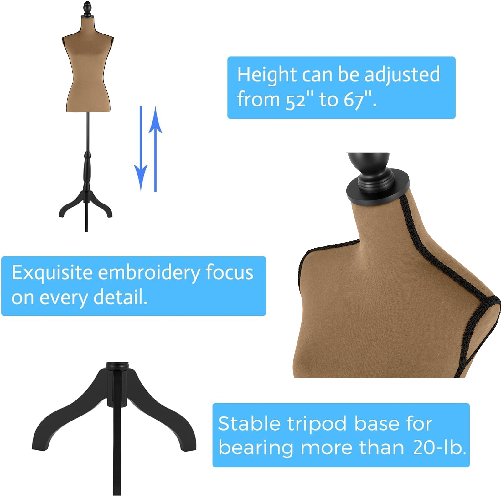 Female Dress Form Mannequin Torso Adjustable Height Mannequin Body with Tripod Stand for Clothing Dress Jewelry Display, Black