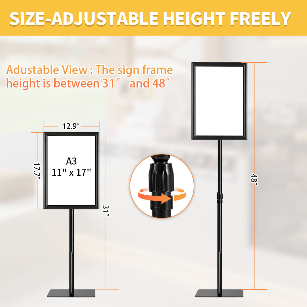 Adjustable Floor Sign Stand Heavy Duty Pedestal Sign Holder Stand, Poster Stand with Aluminum Snap Open Frame for 11x17 Inches , Both Vertical and Horizontal View Sign Displayed, Black
