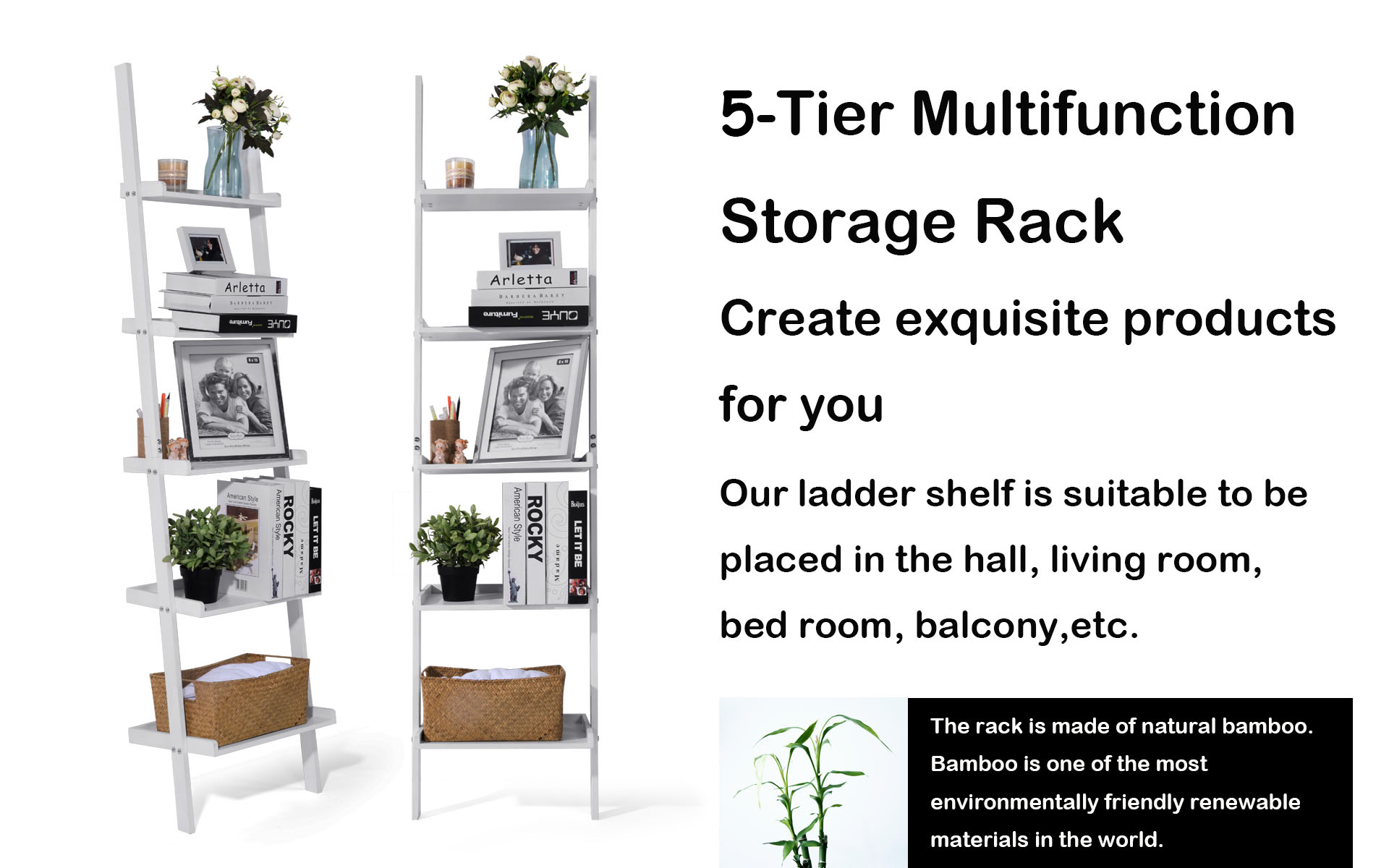 5-Tier Ladder Shelf Large Bamboo Storage Shelves Wall Leaning Shelf