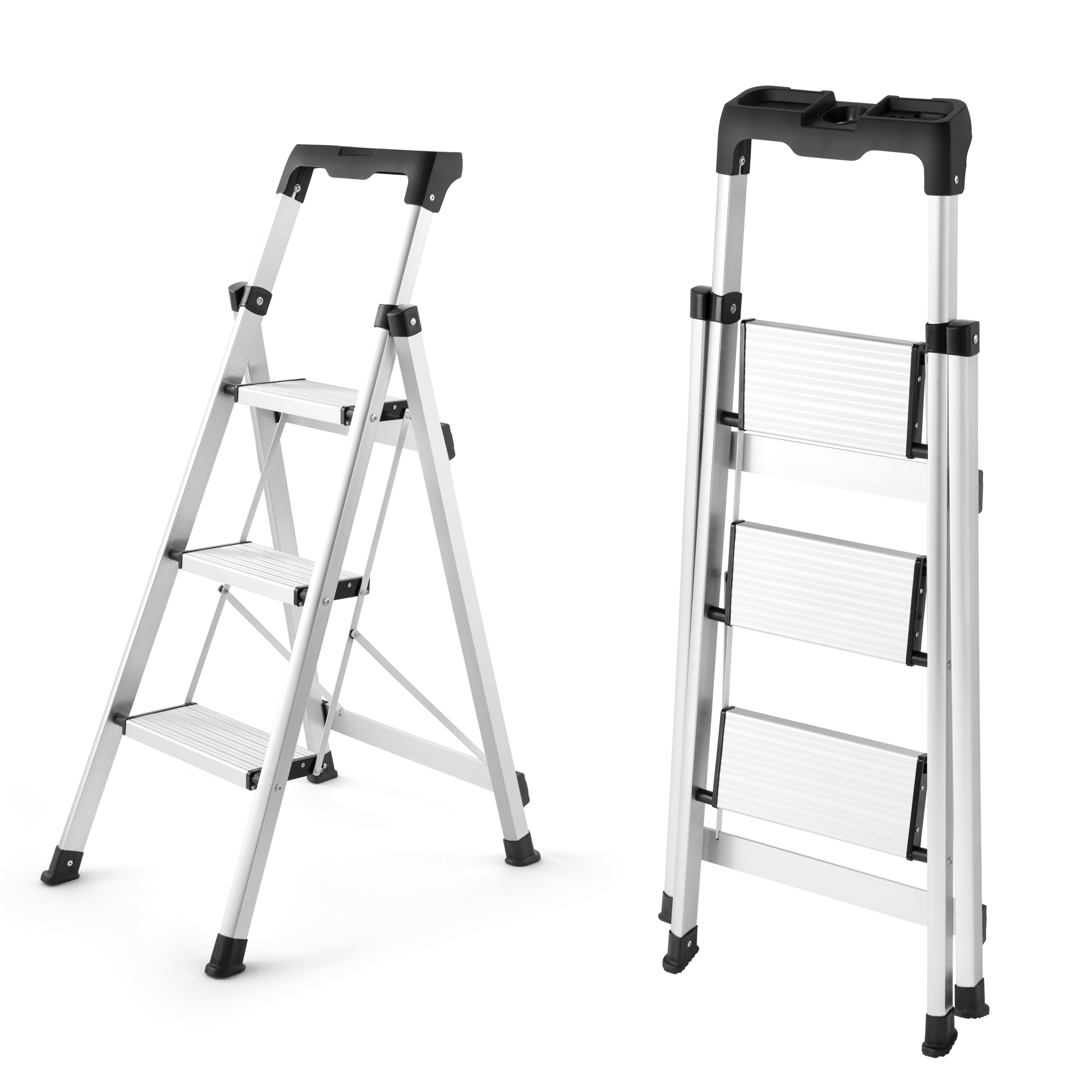 3 Step Ladder, Folding Step Stool with Anti-Slip Pedal and Tool Tray, Lightweight Aluminum Home Ladder for Home Kitchen Office