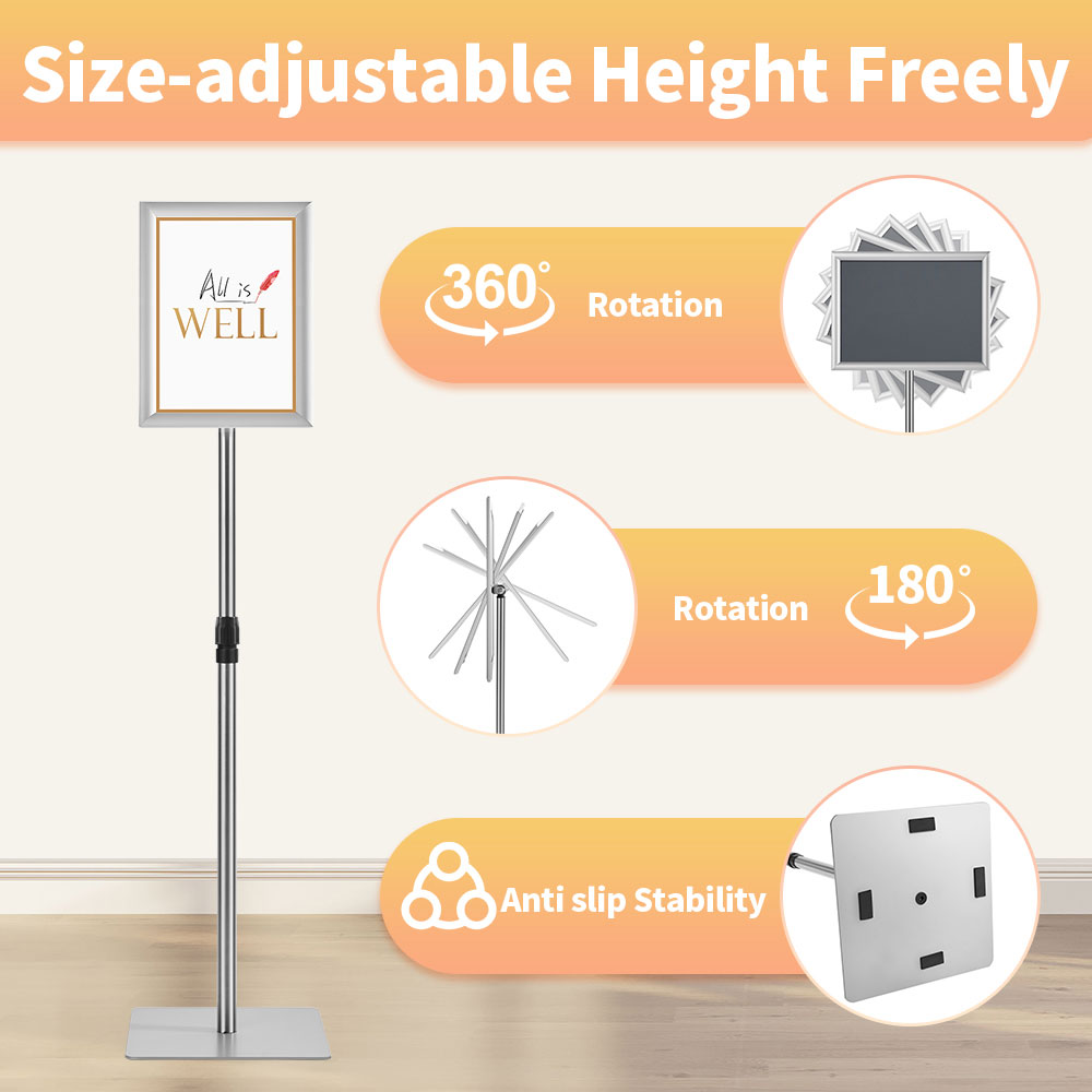 HYNAWIN Adjustable Floor Sign Stand Heavy Duty Pedestal Sign Holder Stand, Poster Stand with Aluminum Snap Open Frame for 8.5x11 Inches, Both Vertical and Horizontal View Sign Displayed,Grey
