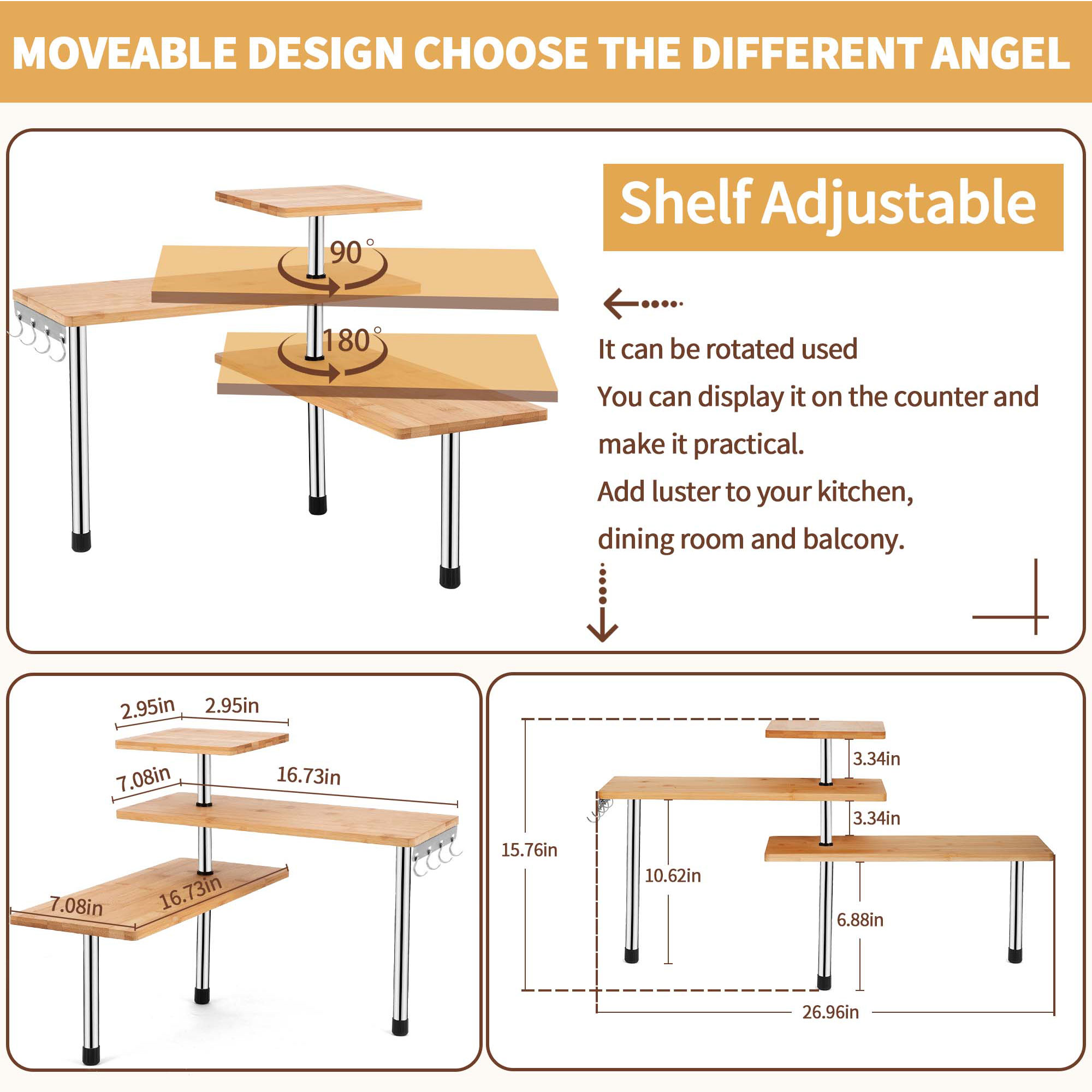 HYNAWIN 3 Tier Corner Shelf Bamboo & Metal Storage Spice Rack-Desk Bookshelf Display Shelves Space Saving Organizer