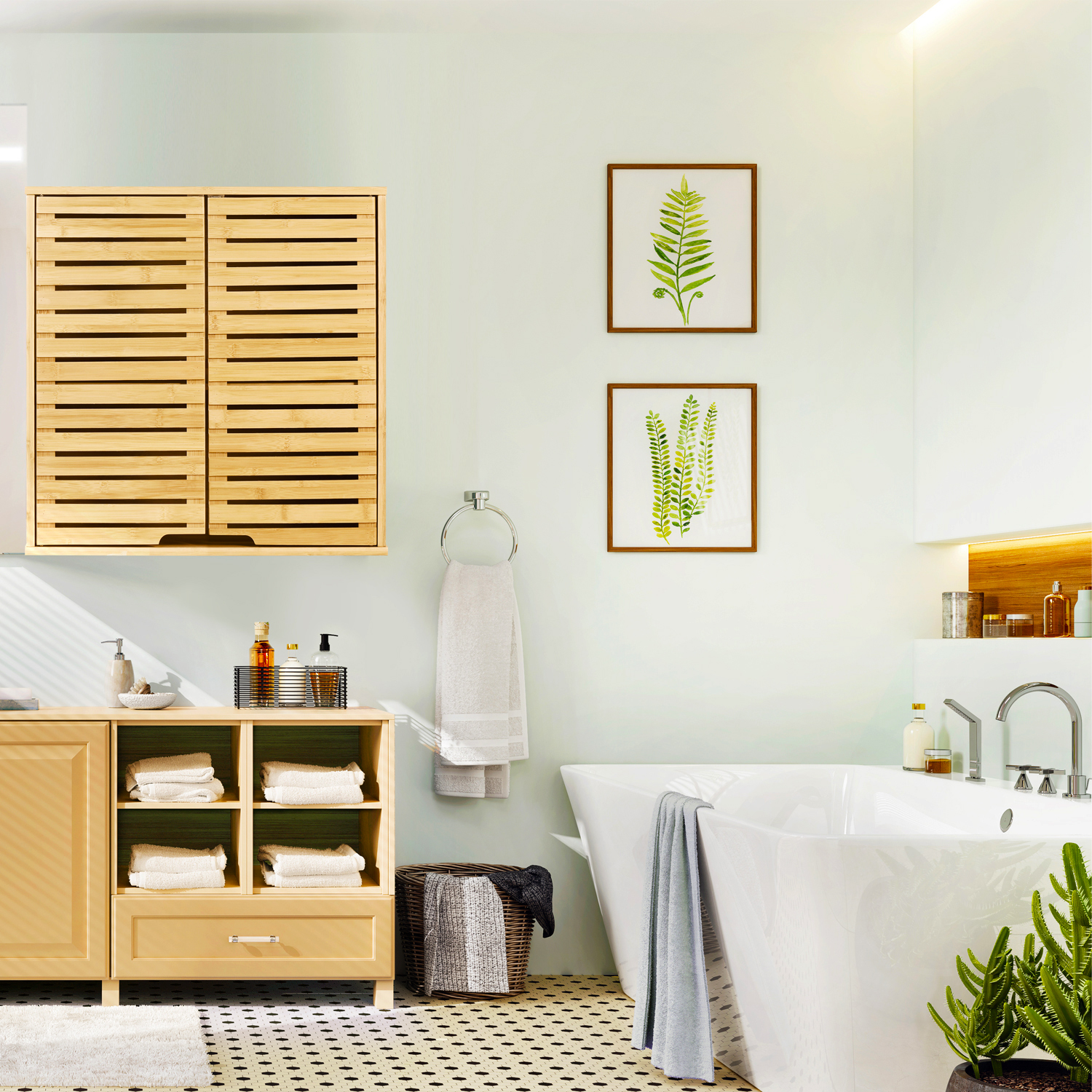 HYNAWIN Bamboo 2 Tier Bathroom Wall Cabinet with Adjustable Shelf, Double Door Cabinet for Bathroom, Living Room (20.28'' Height)