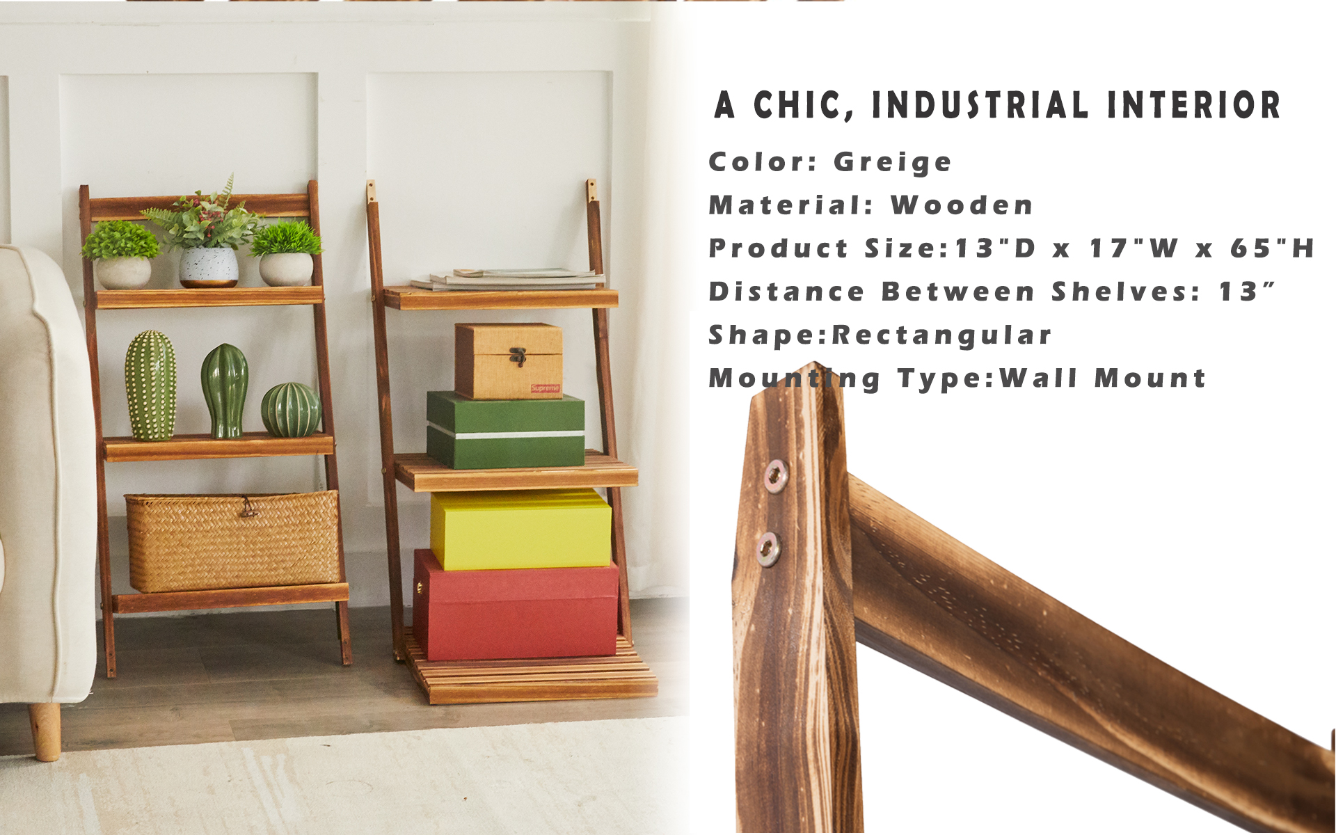 HYNAWIN Ladder Shelf Bookcase,5-Tier Bamboo Storage Rack Shelves Wall Leaning Shelf Unit,FreeStanding Plant Stand, Corner Display Shelves for Living Room, Bathroom, Kitchen, Office(65in)