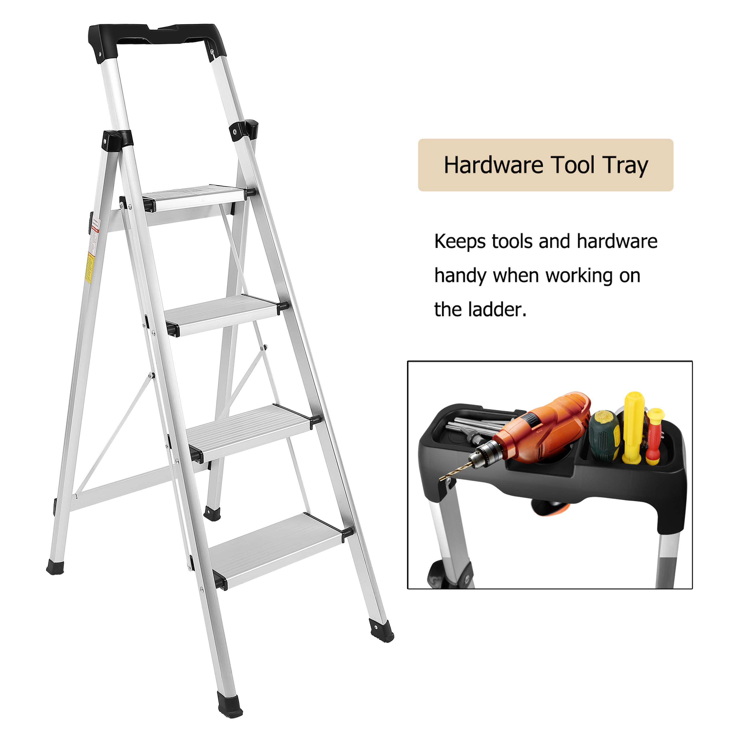 4 Step Ladder, Folding Step Stool with Anti-Slip Pedal and Tool Tray, Lightweight Aluminum Home Ladder for Home Kitchen Office