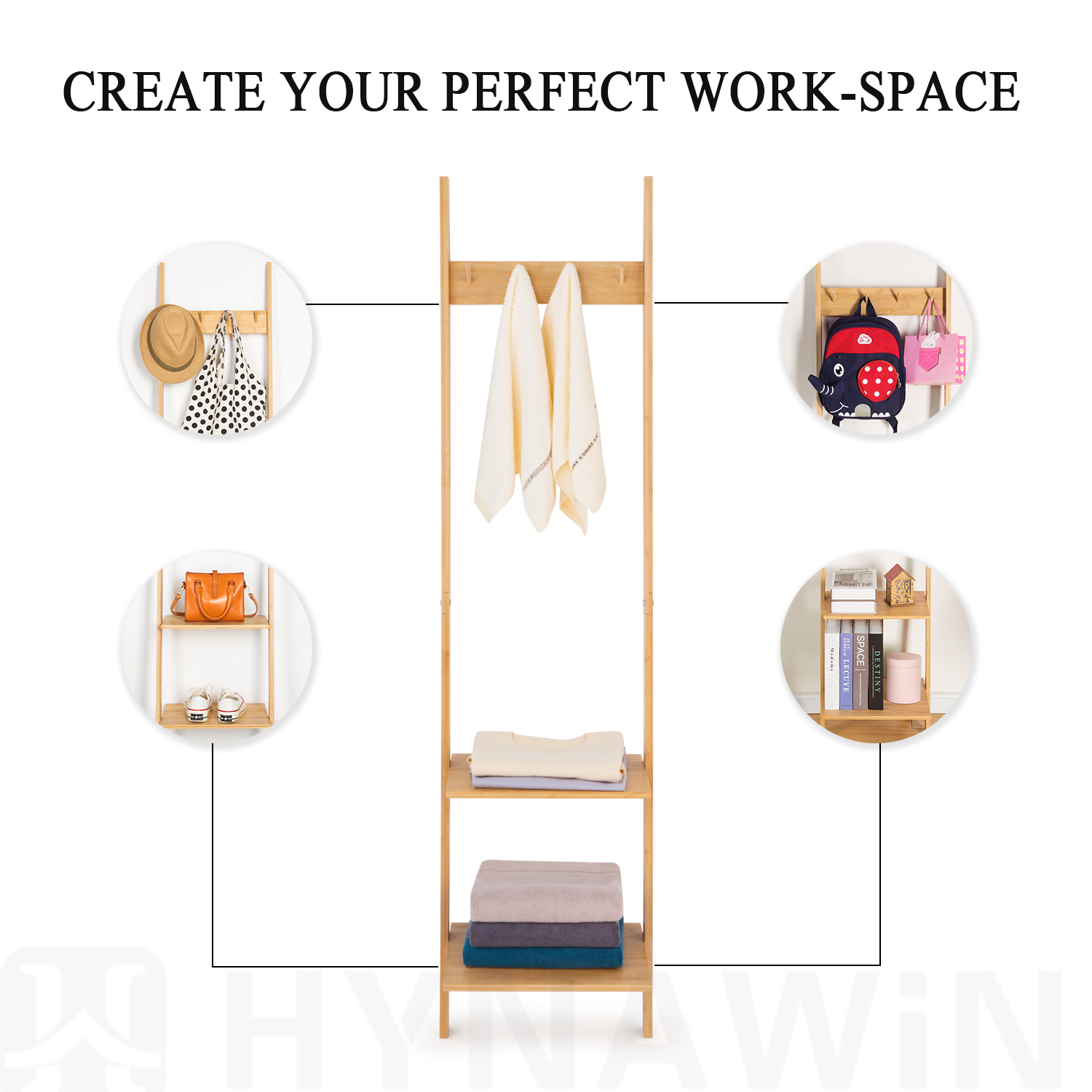 HYNAWIN Ladder Shelf Bookcase,5-Tier Bamboo Storage Rack Shelves Wall Leaning Shelf Unit,FreeStanding Plant Stand, Corner Display Shelves for Living Room, Bathroom, Kitchen, Office(65in)