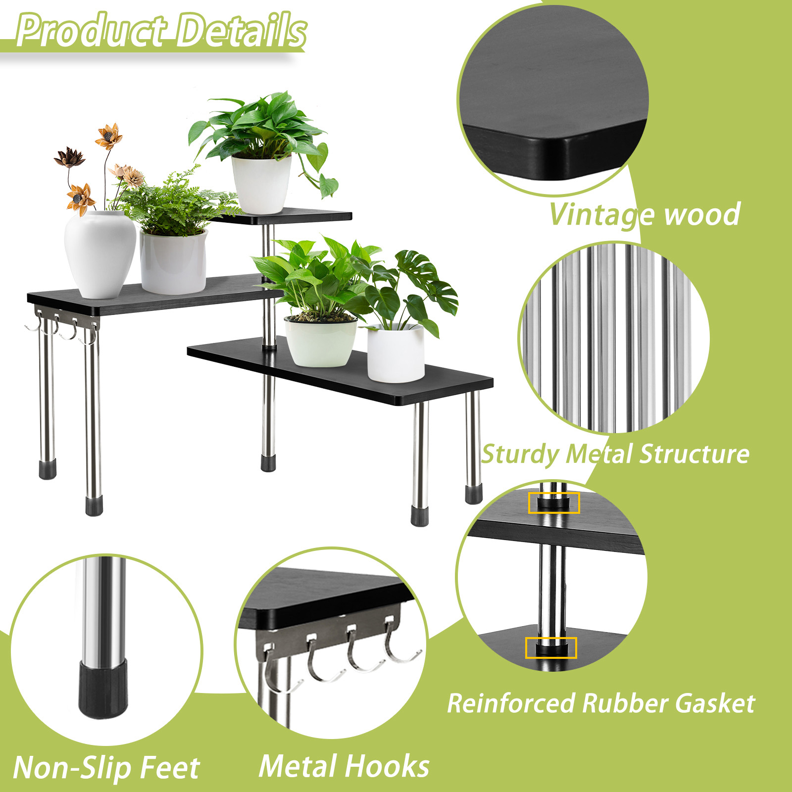 HYNAWIN 3 Tier Corner Shelf Bamboo & Metal Storage Spice Rack-Desk Bookshelf Display Shelves Space Saving Organizer -Adjustable Rack for Kitchen,Bedroom, Office-Creative Home Décor with Hooks