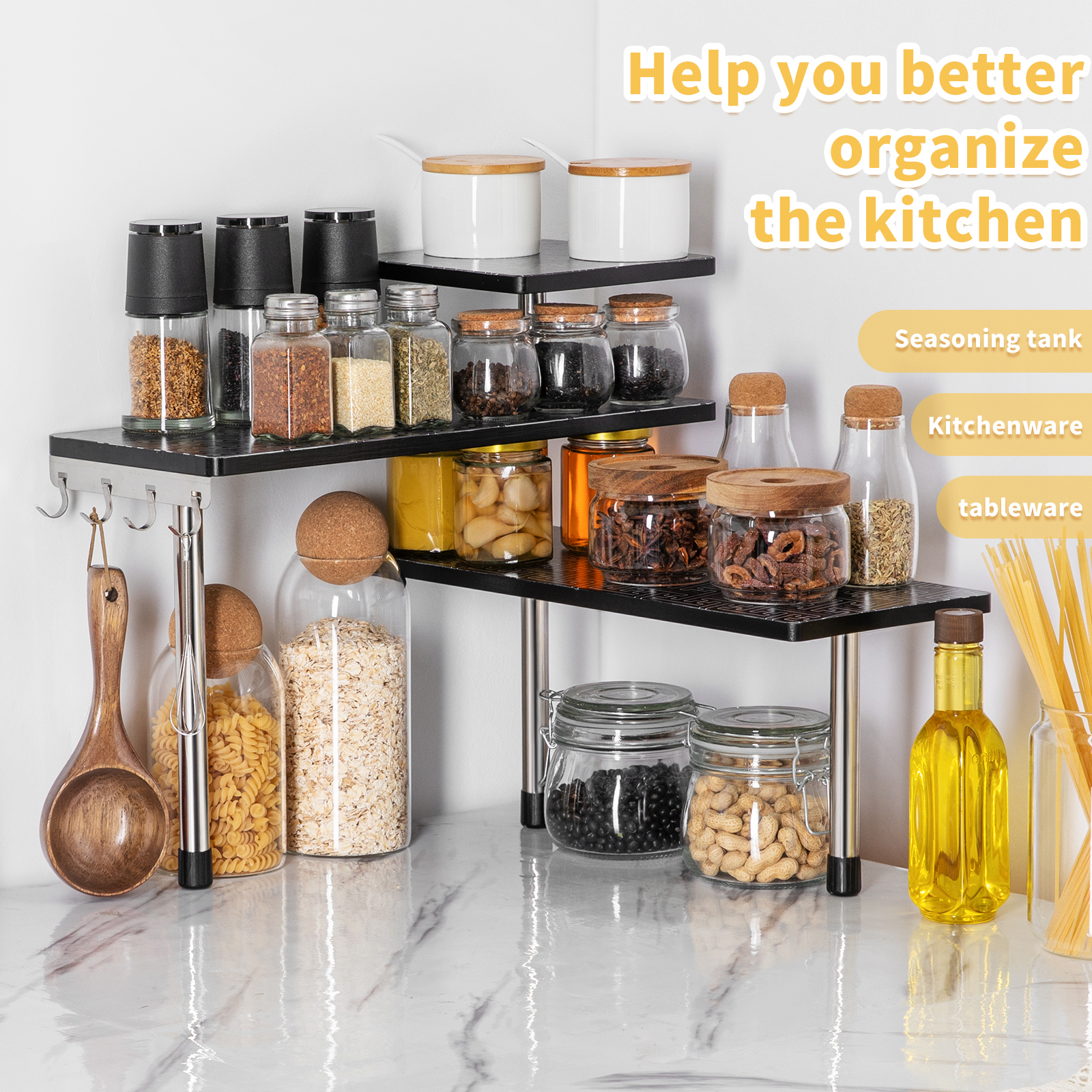 HYNAWIN 3-Tier Countertop Organizer Corner Shelves, Movable Corner Shelf, Corner Shelf Organizer with Hooks, for Kitchen, Bathroom Counter, Dresser Table, Office, Geometric