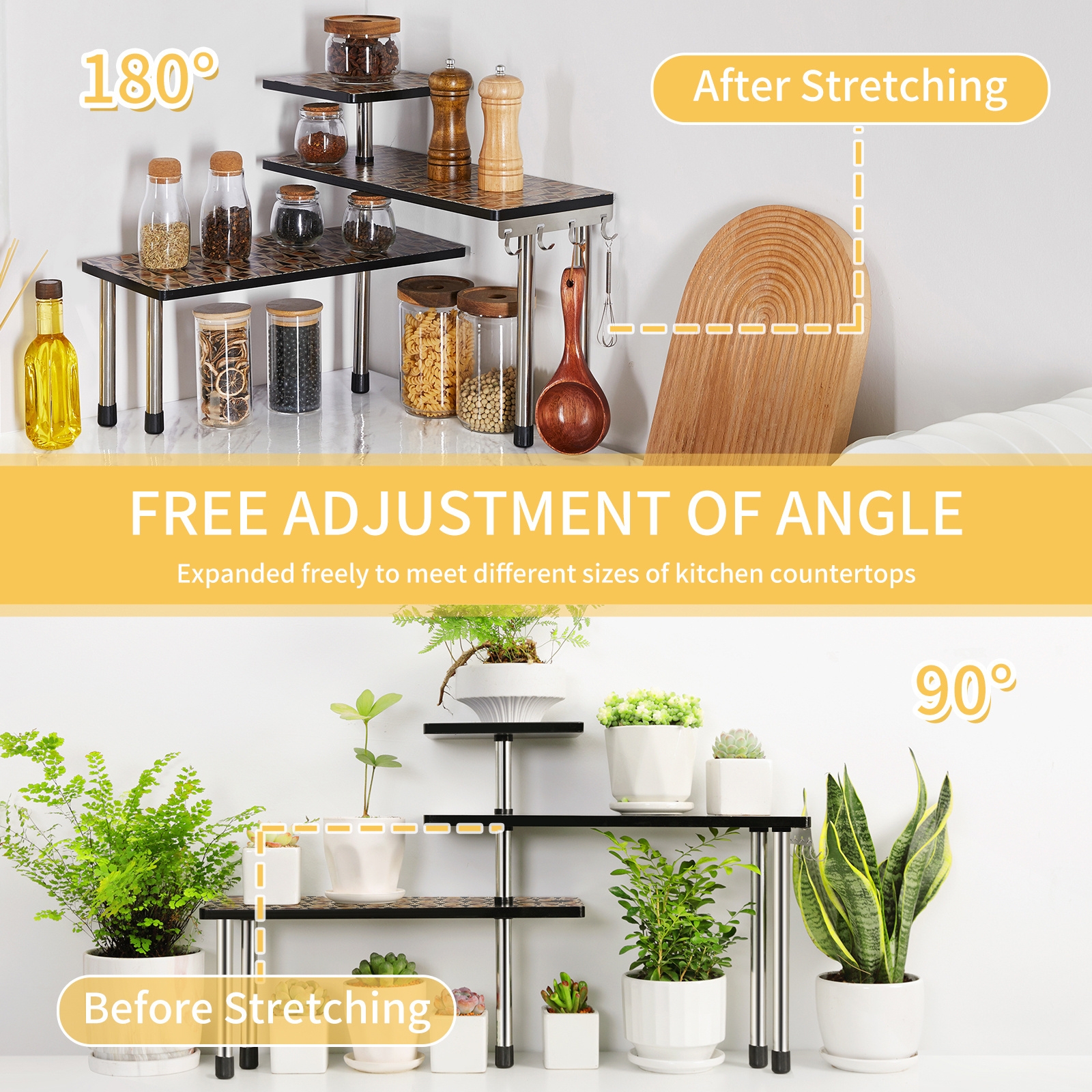 HYNAWIN 3 Tier Corner Shelf Bamboo & Metal Storage Spice Rack-Desk Bookshelf Display Shelves Space Saving Organizer