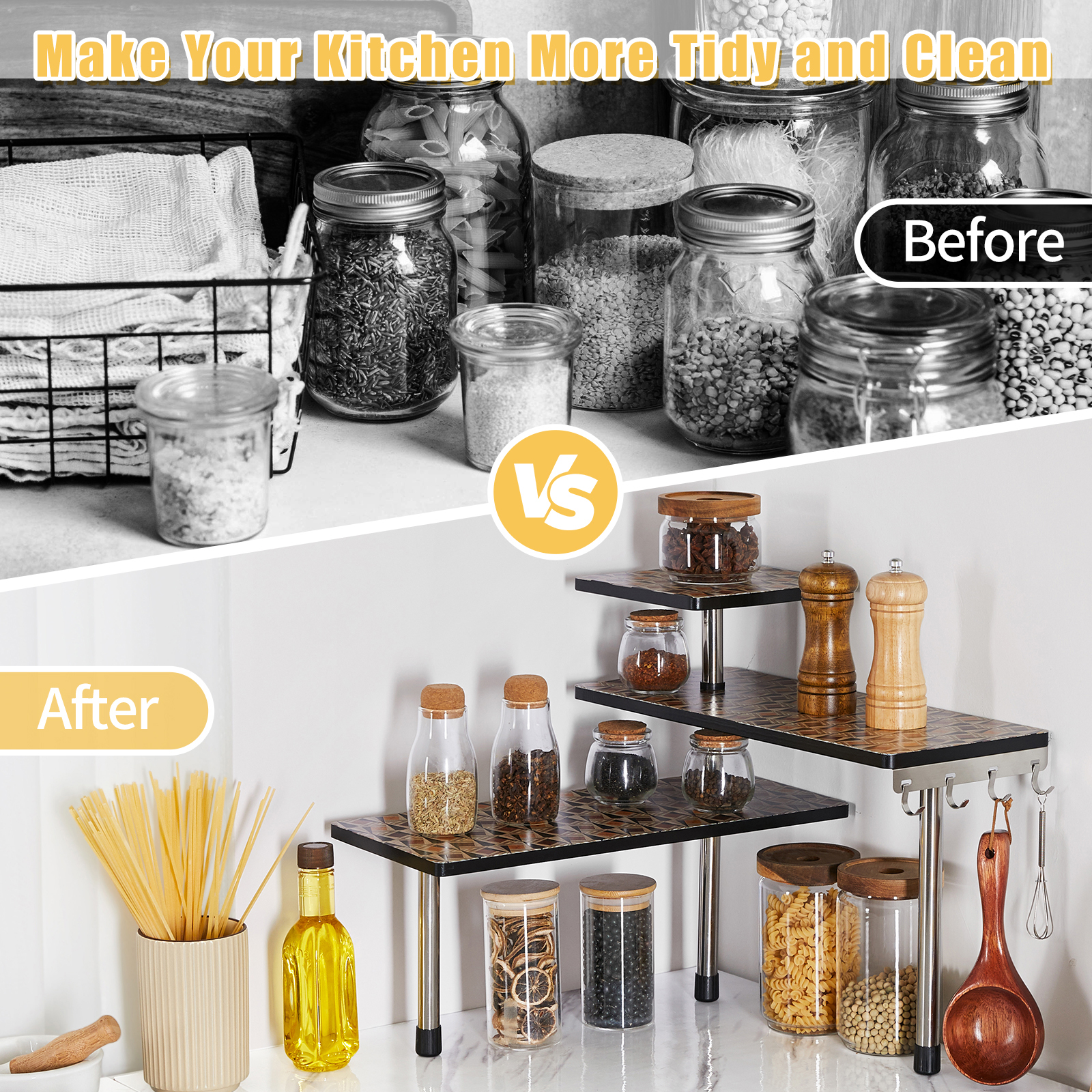 HYNAWIN 3 Tier Corner Shelf Bamboo & Metal Storage Spice Rack-Desk Bookshelf Display Shelves Space Saving Organizer 