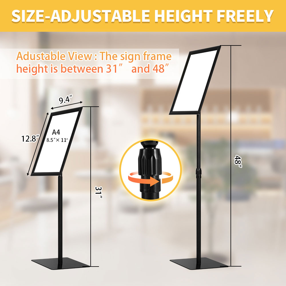 HYNAWIN Adjustable Floor Sign Stand Heavy Duty Pedestal Sign Holder Stand, Poster Stand with Aluminum Snap Open Frame for 8.5x11 Inches, Both Vertical and Horizontal View Sign Displayed, Black