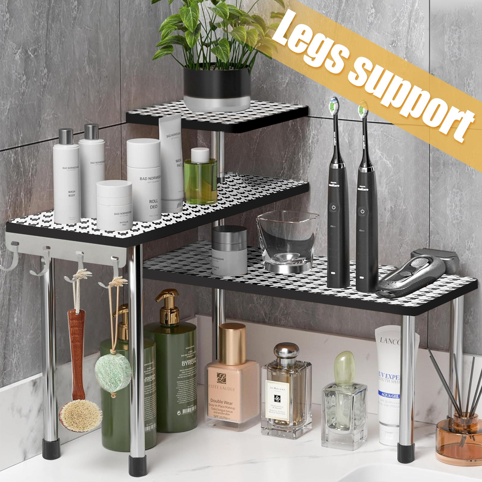 HYNAWIN 3 Tier Corner Shelf Bamboo & Metal Storage Spice Rack-Desk Bookshelf Display Shelves Space Saving Organizer