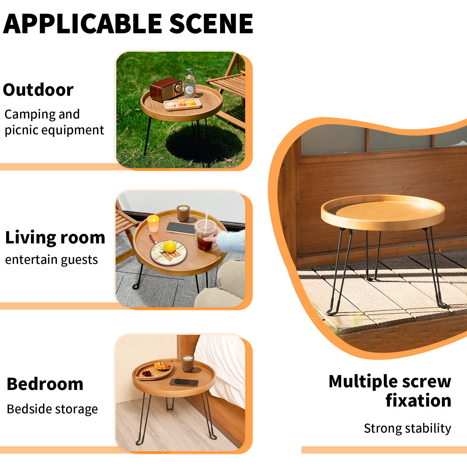 HYNAWIN Bamboo Folding Round Coffee Table, Japanese-Style Low Tea Table for Sitting on the Floor, Walnut Storage Desk for Living Room, 17.7"*17.7"Fordable Table with Metal Tripod