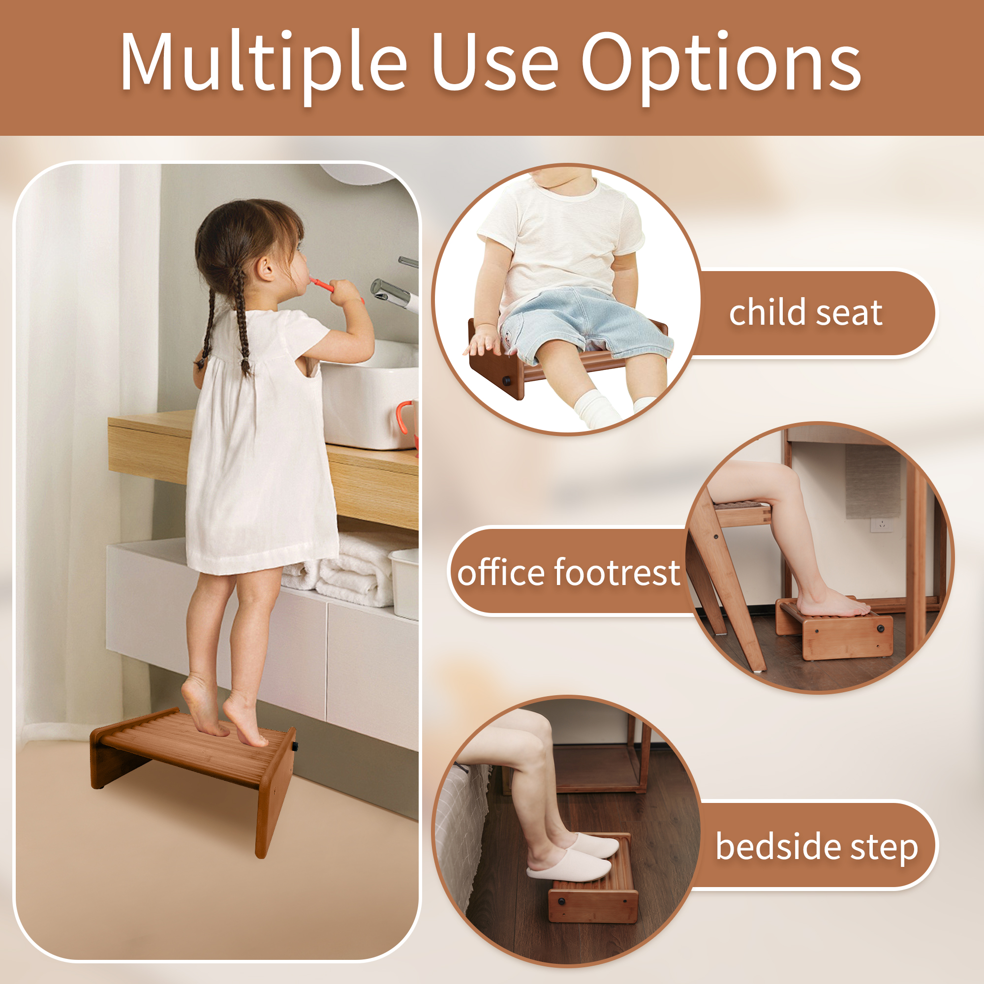 HYNAWIN Adjustable Foot Stool, Ergonomic Foot Rest for Under Desk at Work, Massage Under Desk Footrest for Home, Bamboo Portable Step Stool Under Desk with Anti-Slip Surface and 2 Height Position