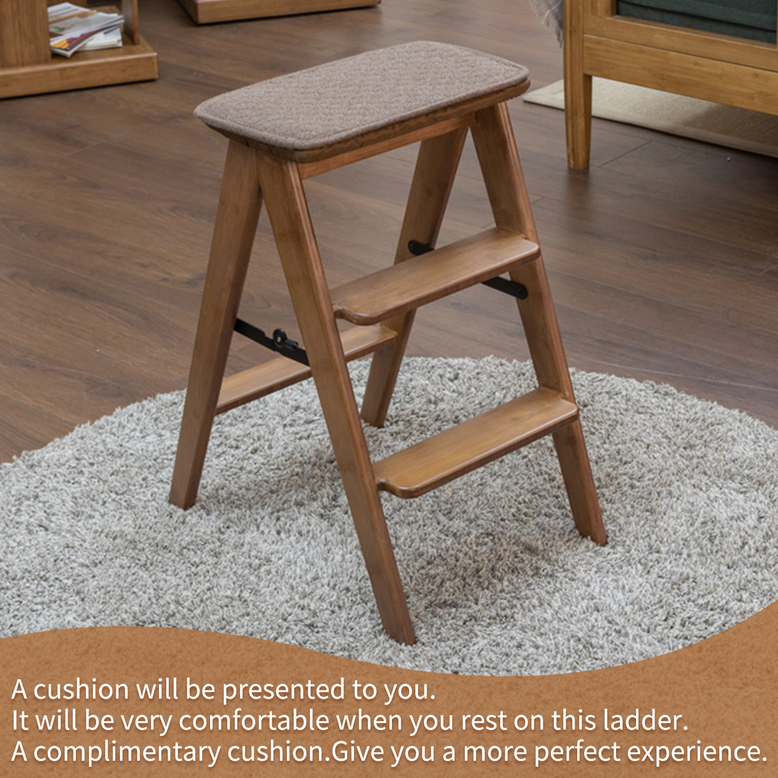 HYNAWIN 3 Tier Bamboo Ladder, Multi-Functional Foldable Ladder, Portable Bamboo Step Ladder with Wide Anti-Slip Pedals for Home, Kitchen, Office, Space-Saving