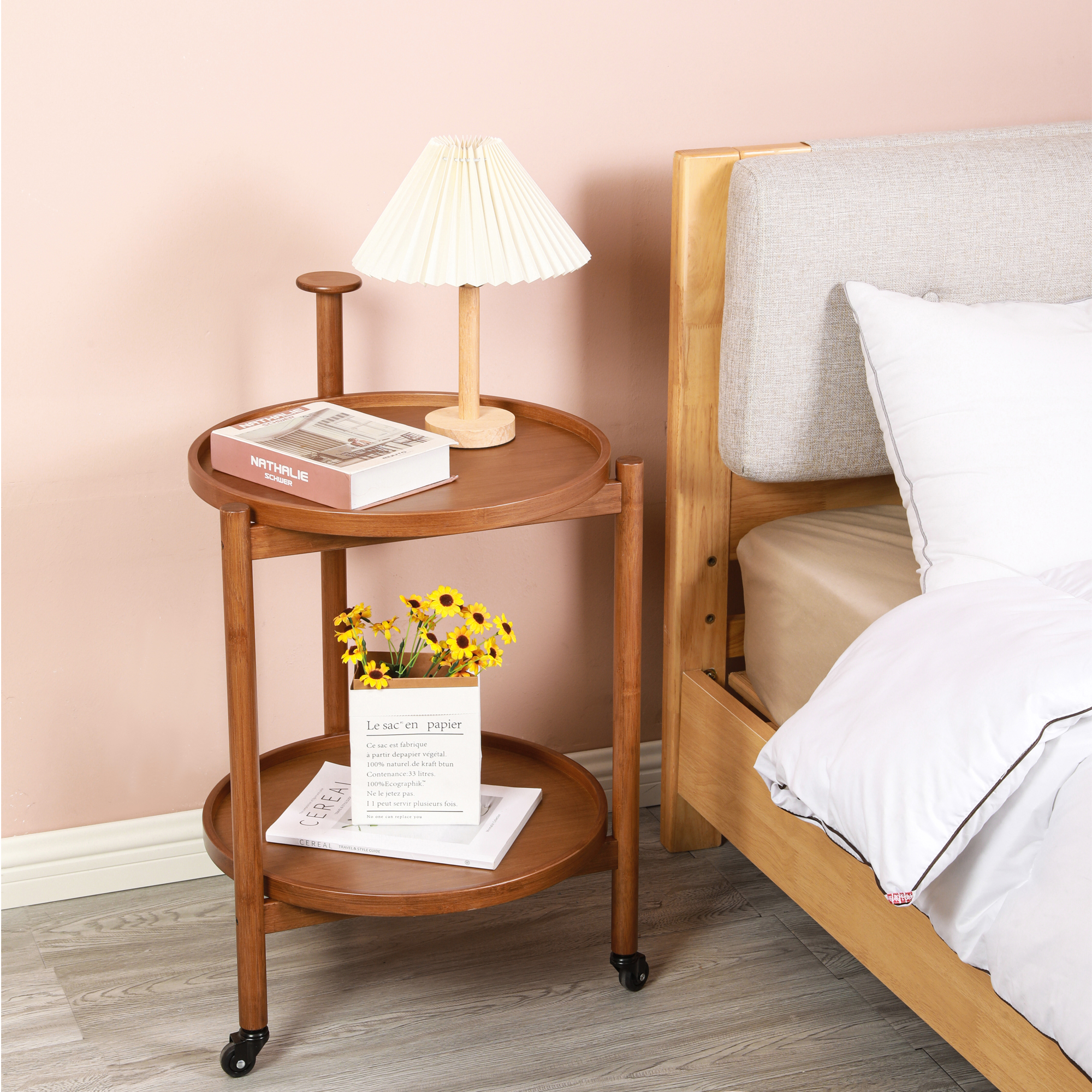 Rolling End Table Bar Cart with 2 Tier, Storage Coffee Table, with Shelf,Handle and Wheel, Modern Style for Living Room, Kitchen, and Office