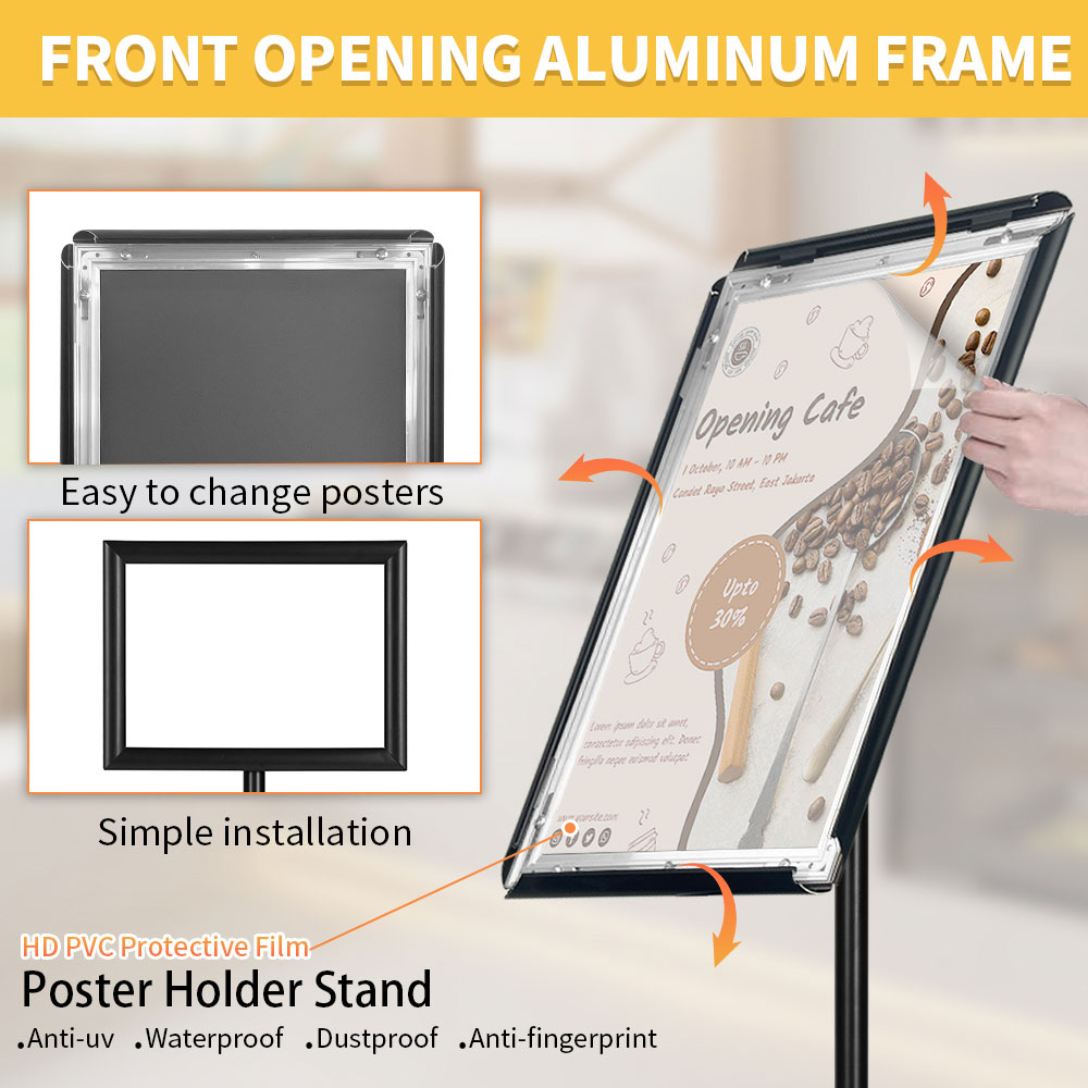 Adjustable Floor Sign Stand Heavy Duty Pedestal Sign Holder Stand, Poster Stand with Aluminum Snap Open Frame for 11x17 Inches , Both Vertical and Horizontal View Sign Displayed, Black