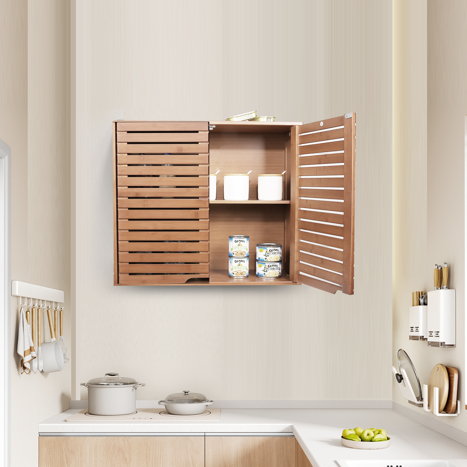 HYNAWIN Bamboo 2 Tier Bathroom Wall Cabinet with Adjustable Shelf, Double Door Cabinet for Bathroom, Living Room (20.28'' Height)