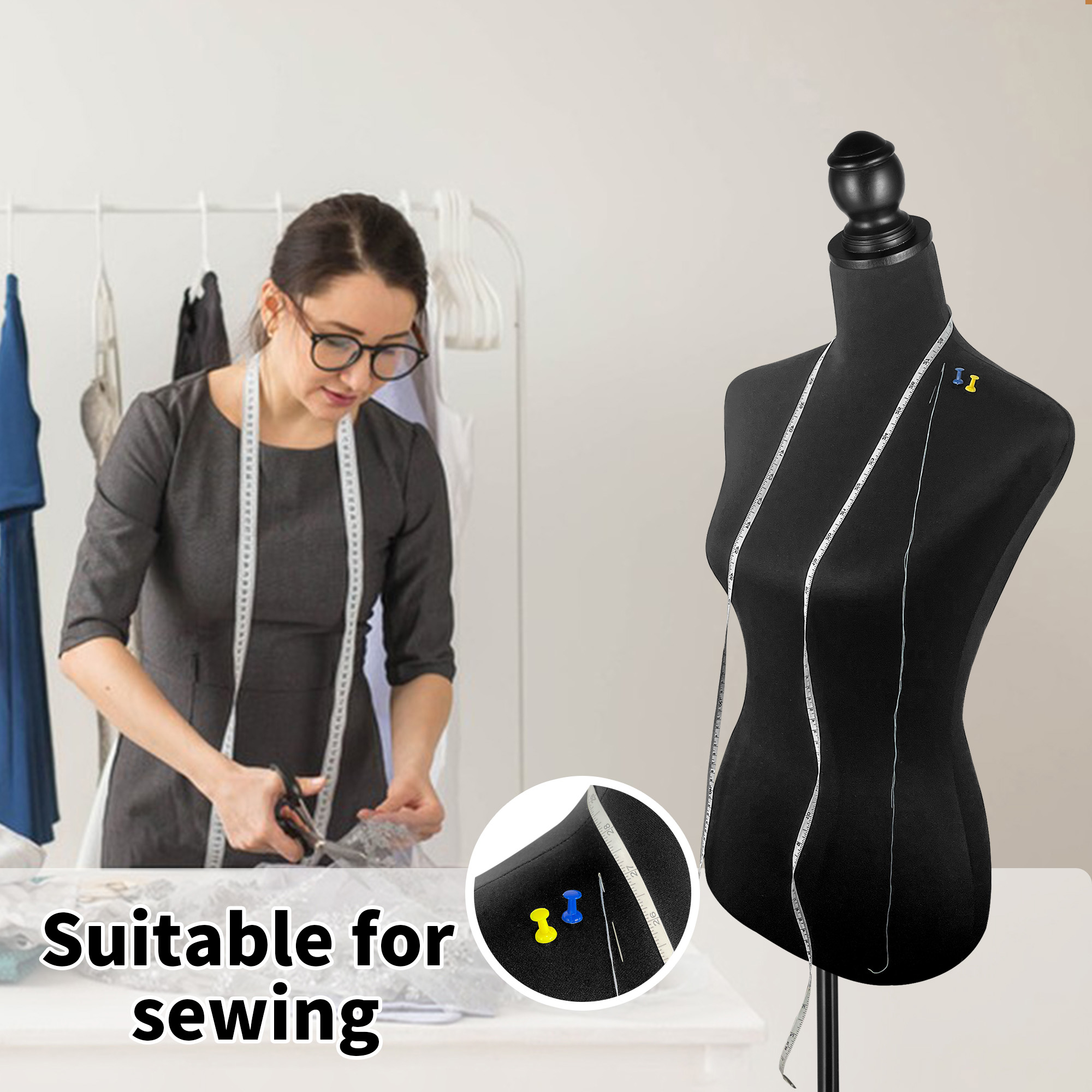 Female Dress Form Mannequin Torso Adjustable Height Mannequin Body with Tripod Stand for Clothing Dress Jewelry Display, Black