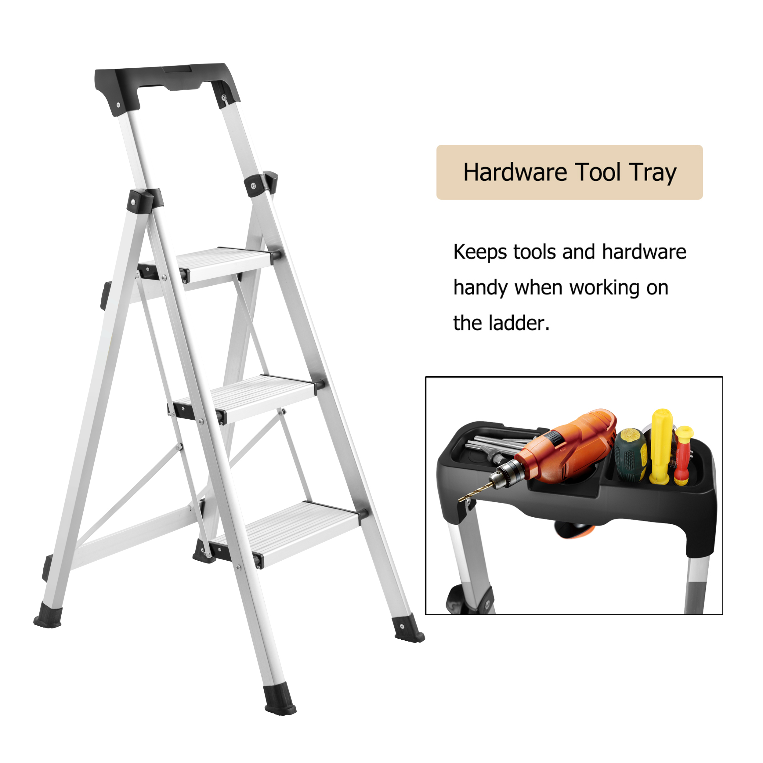 3 Step Ladder, Folding Step Stool with Anti-Slip Pedal and Tool Tray, Lightweight Aluminum Home Ladder for Home Kitchen Office