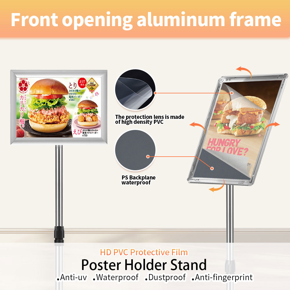 HYNAWIN Adjustable Floor Sign Stand Heavy Duty Pedestal Sign Holder Stand, Poster Stand with Aluminum Snap Open Frame for 8.5x11 Inches, Both Vertical and Horizontal View Sign Displayed,Grey
