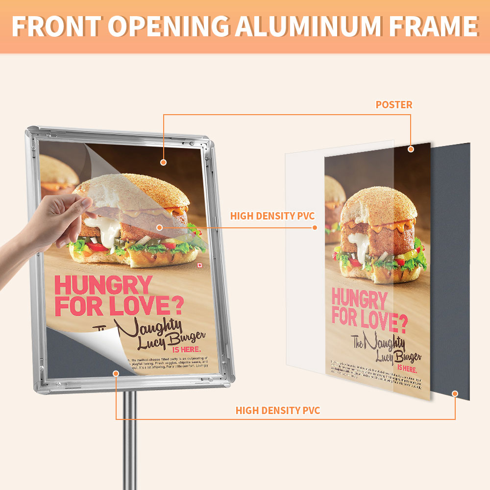 Adjustable Floor Sign Stand Heavy Duty Pedestal Sign Holder Stand, Poster Stand with Aluminum Snap Open Frame for 11x17 Inches , Both Vertical and Horizontal View Sign Displayed, Grey