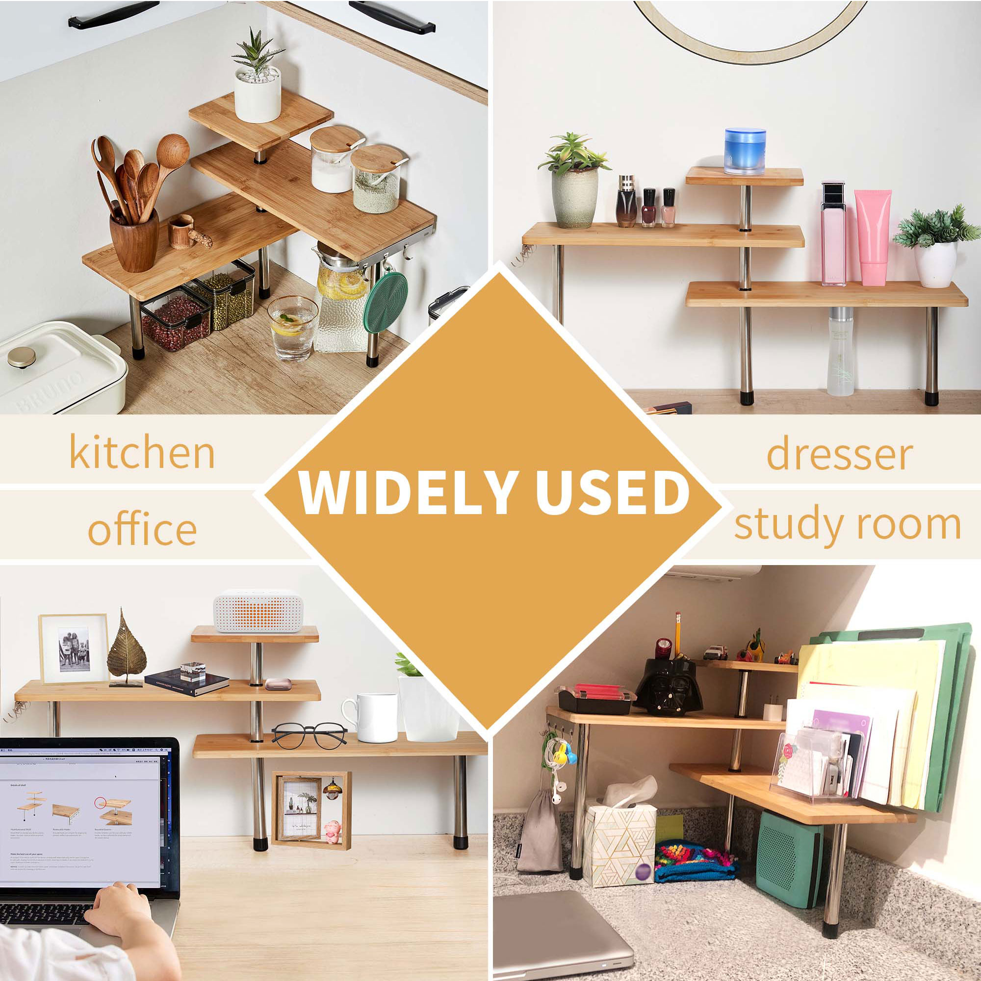 HYNAWIN 3 Tier Corner Shelf Bamboo & Metal Storage Spice Rack-Desk Bookshelf Display Shelves Space Saving Organizer