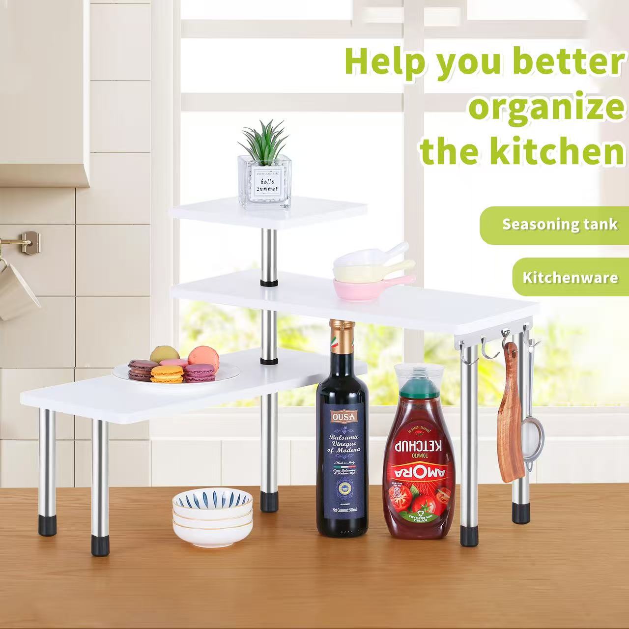 HYNAWIN 3 Tier Corner Shelf Bamboo & Metal Storage Spice Rack-Desk Bookshelf Display Shelves Space Saving Organizer -Adjustable Rack for Kitchen,Bedroom, Office-Creative Home Décor with Hooks