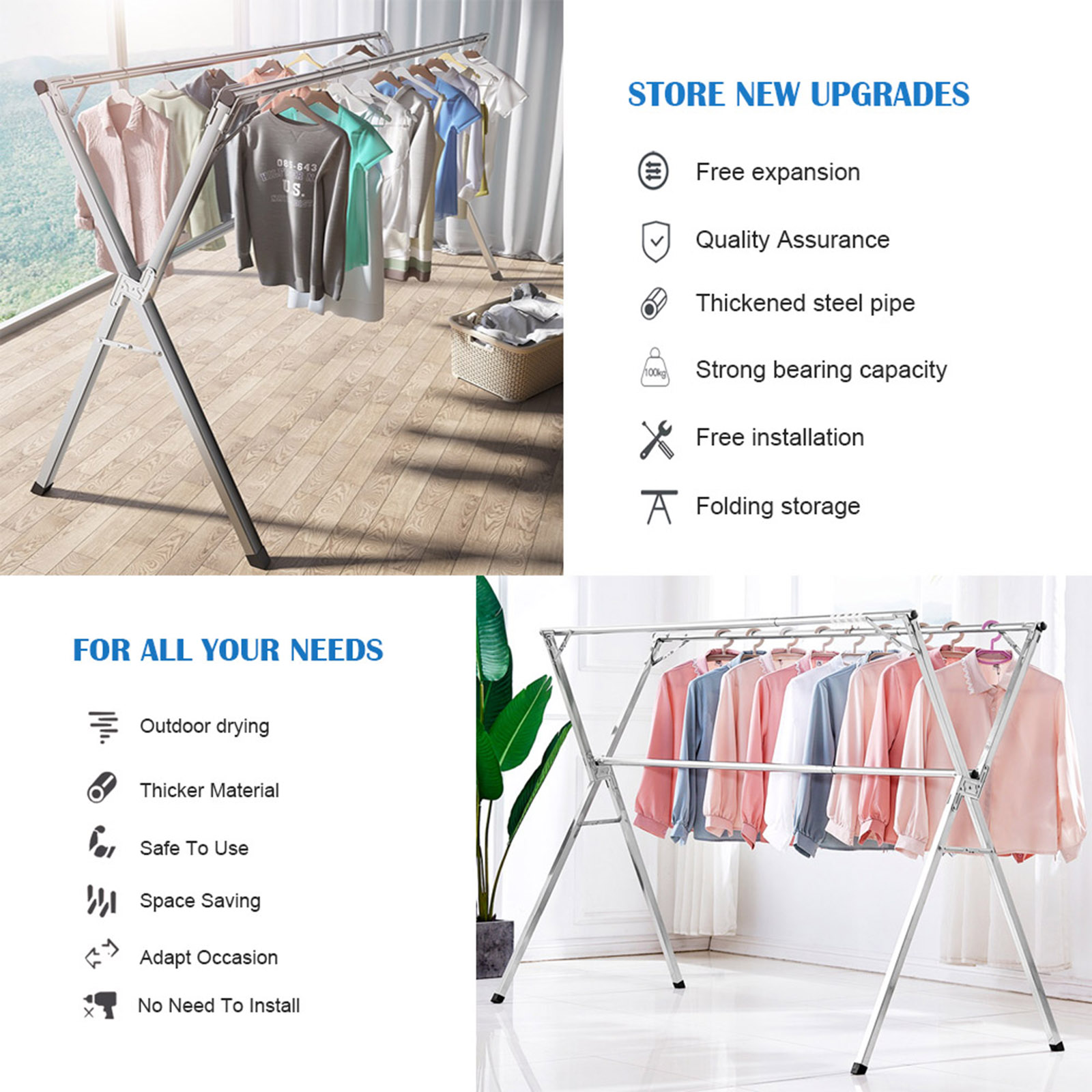 Clothes Drying Racks, Upgraded Stainless Steel Laundry Drying Rack, Heavy Duty Collapsible Garment Rack, Clothes Storage Rack for Indoor Outdoor, 2M/79 in