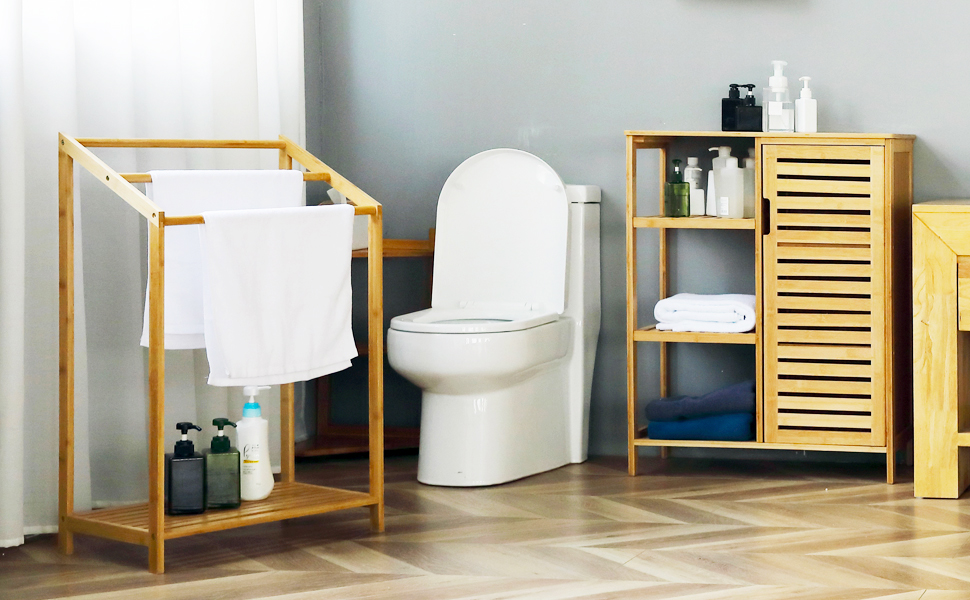 HYNAWIN Bamboo 3 Tier Towel Rack for Bathroom, Free Standing Beach Towel with Storage Shelf, Poolside Rack with Bottom Organizer for Bath, Hand Towel, Laundry