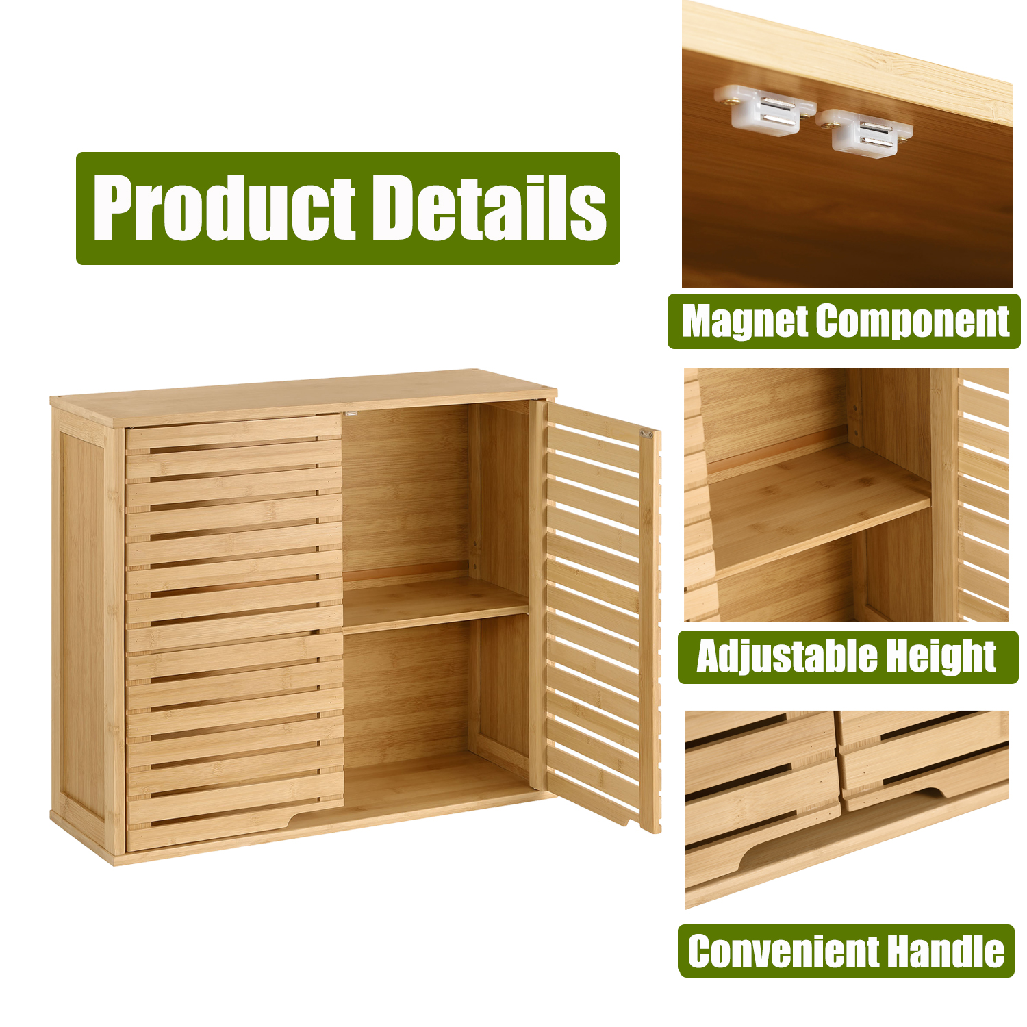 HYNAWIN Bamboo 2 Tier Bathroom Wall Cabinet with Adjustable Shelf, Double Door Cabinet for Bathroom, Living Room (20.28'' Height)