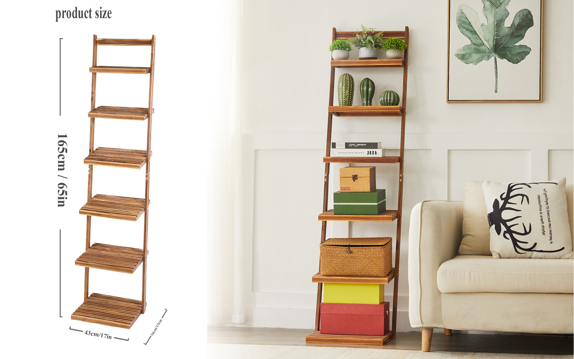 HYNAWIN Ladder Shelf Bookcase,5-Tier Bamboo Storage Rack Shelves Wall Leaning Shelf Unit,FreeStanding Plant Stand, Corner Display Shelves for Living Room, Bathroom, Kitchen, Office(65in)