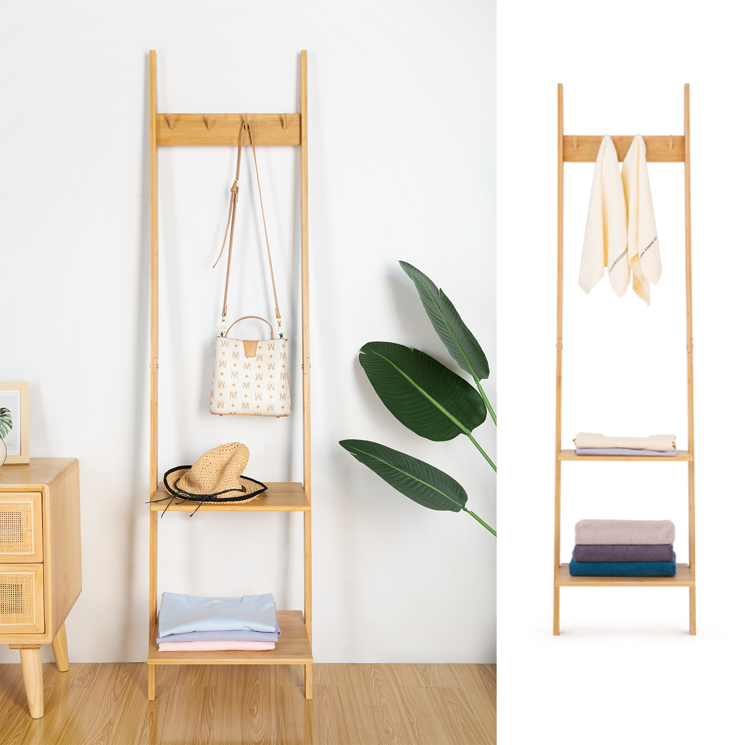 HYNAWIN Ladder Shelf Bookcase,5-Tier Bamboo Storage Rack Shelves Wall Leaning Shelf Unit,FreeStanding Plant Stand, Corner Display Shelves for Living Room, Bathroom, Kitchen, Office(65in)