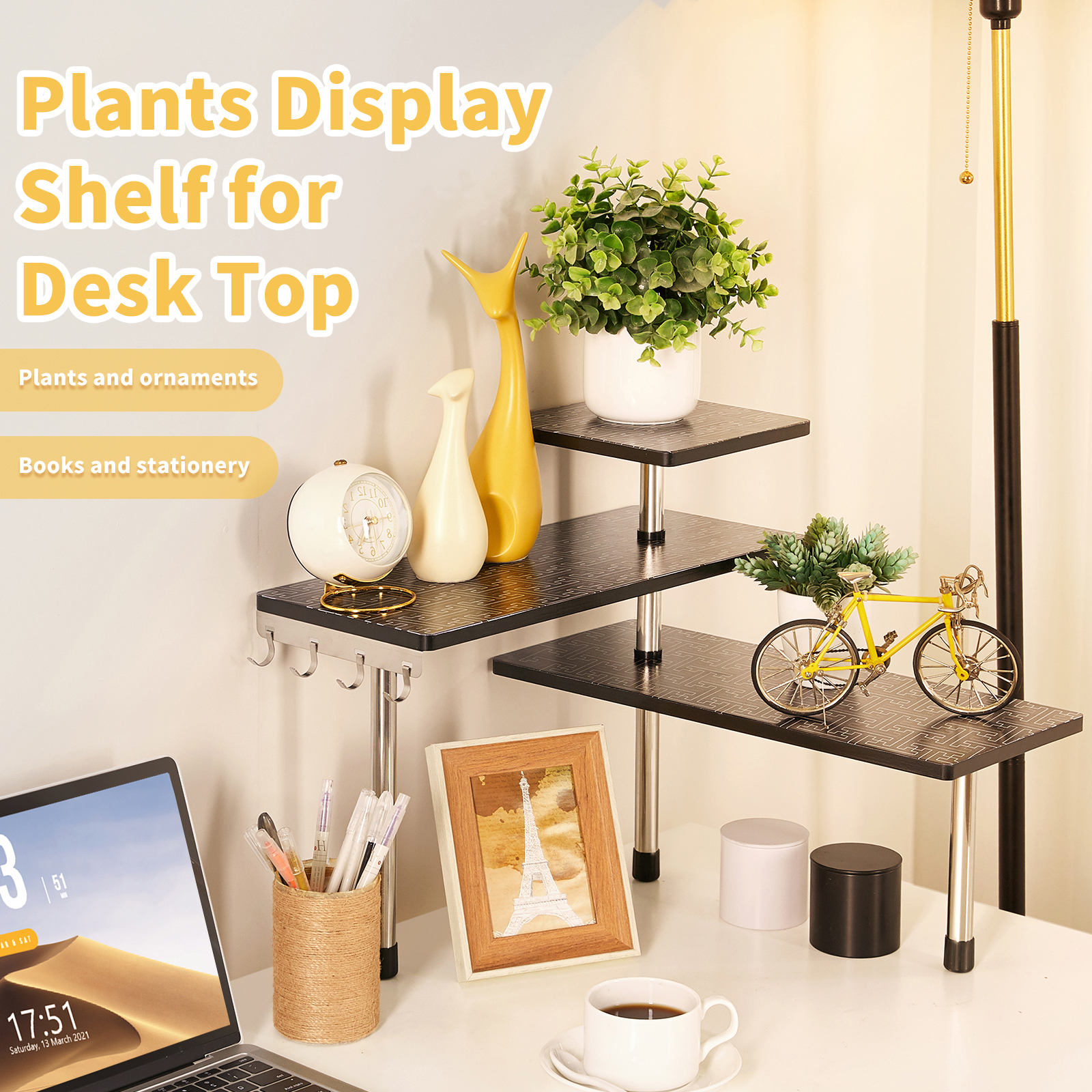 HYNAWIN 3-Tier Countertop Organizer Corner Shelves, Movable Corner Shelf, Corner Shelf Organizer with Hooks, for Kitchen, Bathroom Counter, Dresser Table, Office, Geometric