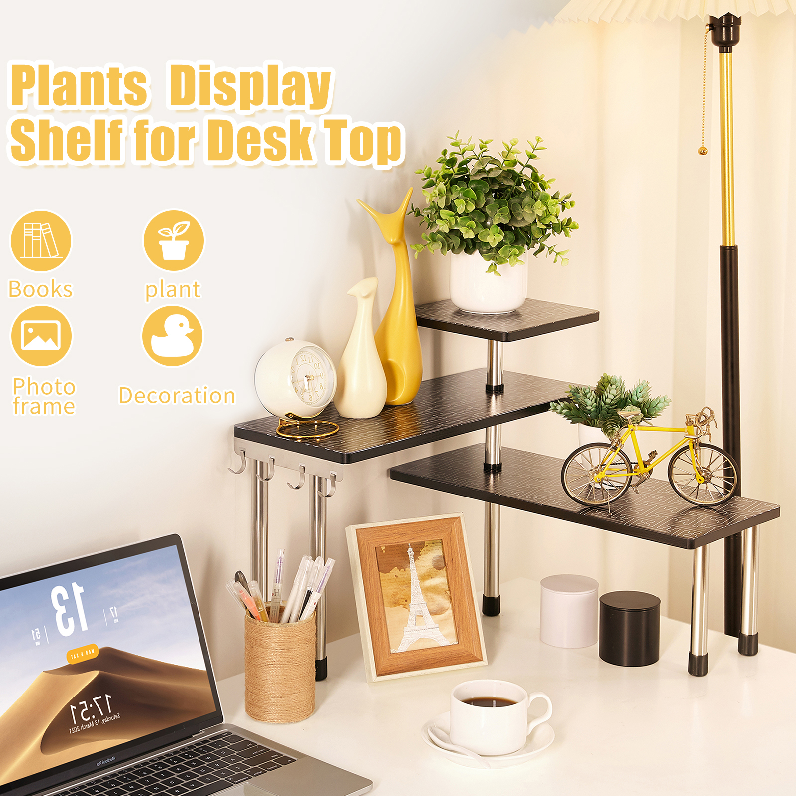 HYNAWIN 3 Tier Corner Shelf Bamboo & Metal Storage Spice Rack-Desk Bookshelf Display Shelves Space Saving Organizer -Adjustable Rack for Kitchen,Bed Room, Office-Best Home Décor (Upgraded Shelf)