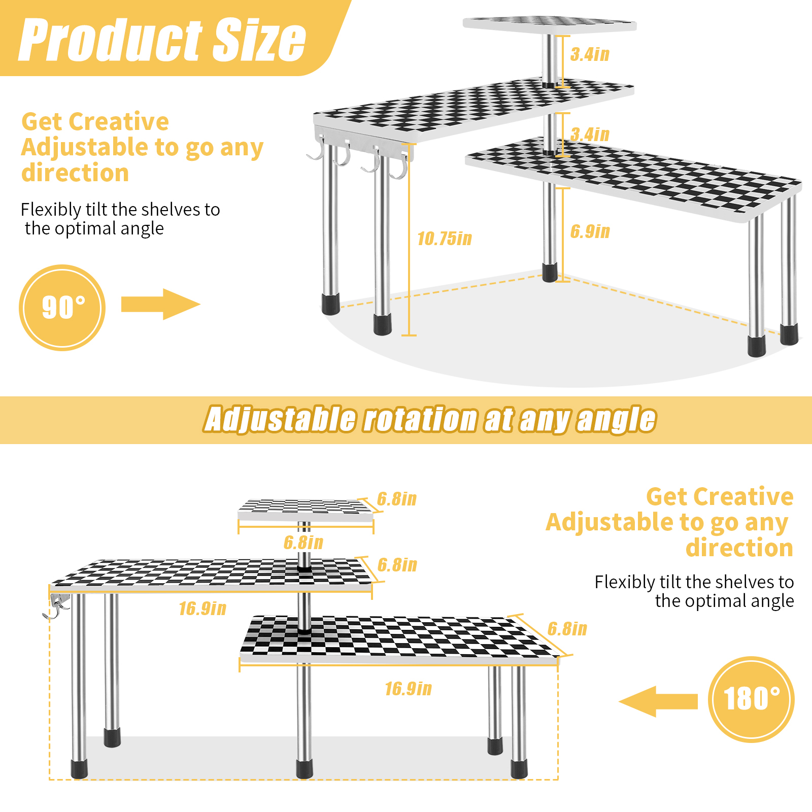 HYNAWIN 3 Tier Corner Shelf Bamboo & Metal Storage Spice Rack-Desk Bookshelf Display Shelves Space Saving Organizer