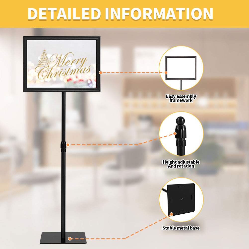 HYNAWIN Adjustable Floor Sign Stand Heavy Duty Pedestal Sign Holder Stand, Poster Stand with Aluminum Snap Open Frame for 8.5x11 Inches, Both Vertical and Horizontal View Sign Displayed, Black