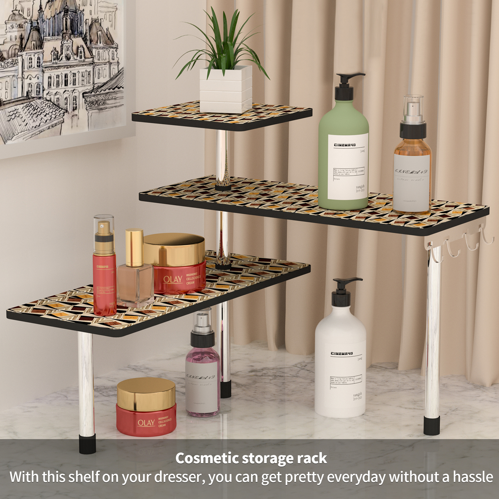 HYNAWIN 3 Tier Corner Shelf Bamboo & Metal Storage Spice Rack-Desk Bookshelf Display Shelves Space Saving Organizer 