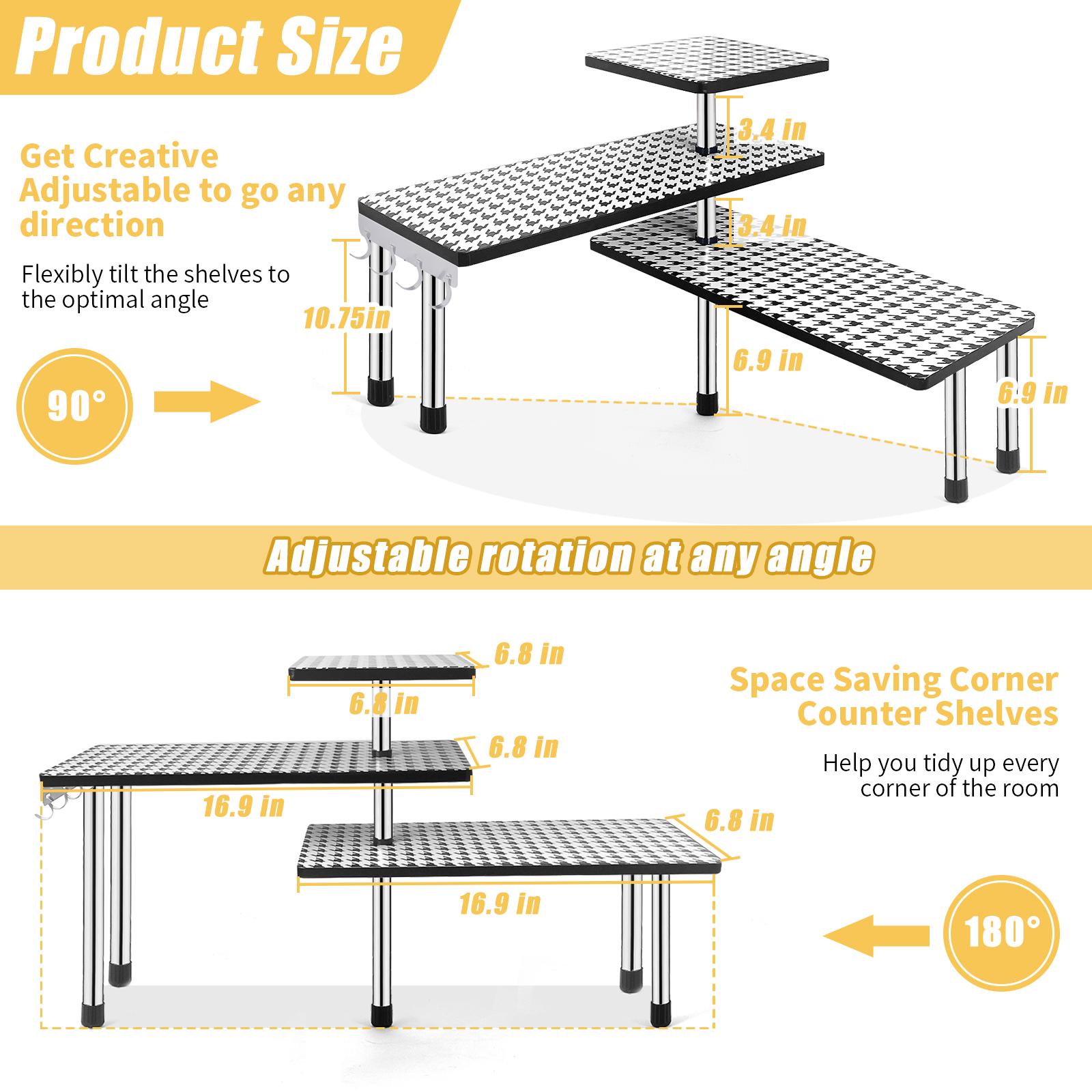 HYNAWIN 3 Tier Corner Shelf Bamboo & Metal Storage Spice Rack-Desk Bookshelf Display Shelves Space Saving Organizer