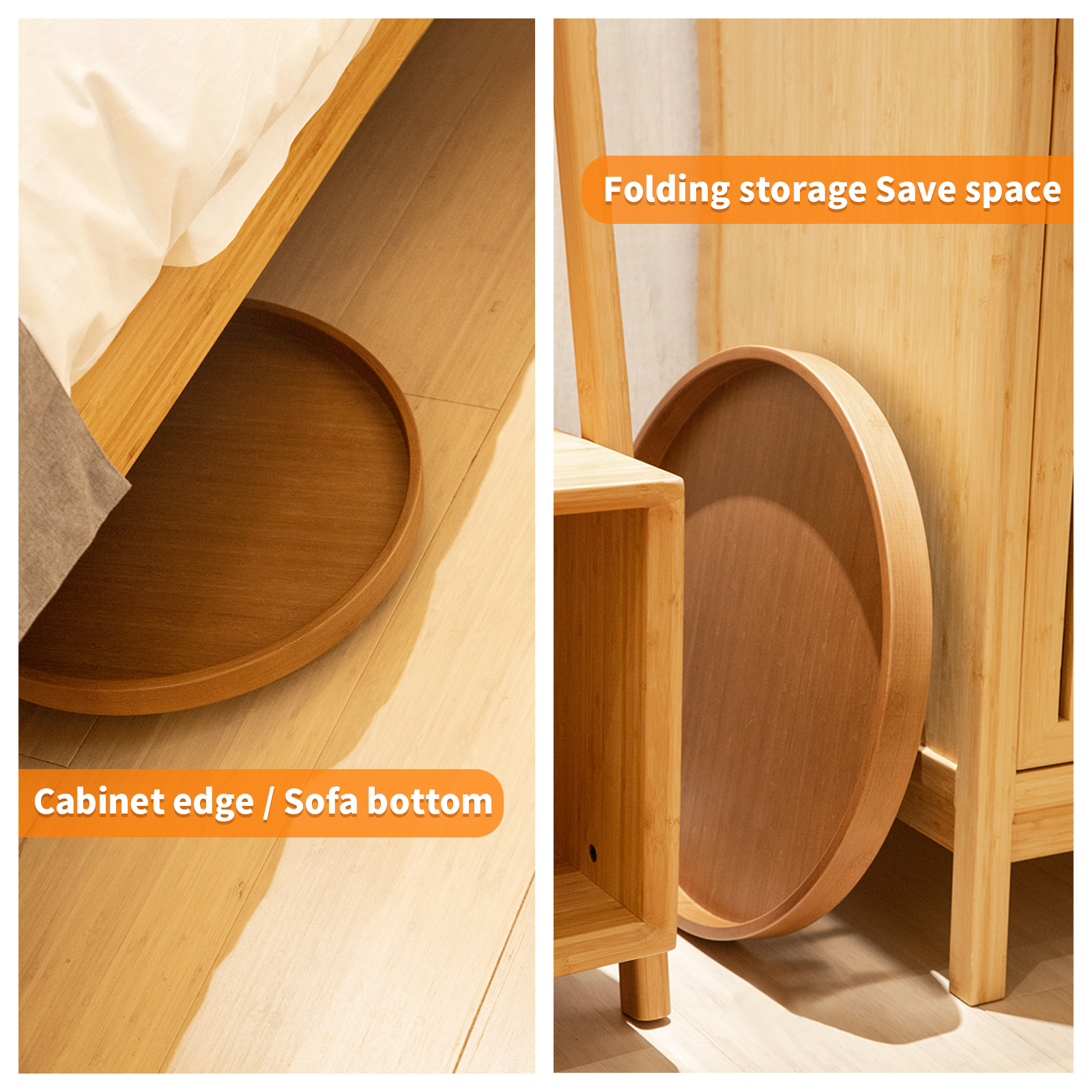 HYNAWIN Bamboo Folding Round Coffee Table, Japanese-Style Low Tea Table for Sitting on the Floor, Walnut Storage Desk for Living Room, 17.7"*17.7"Fordable Table with Metal Tripod