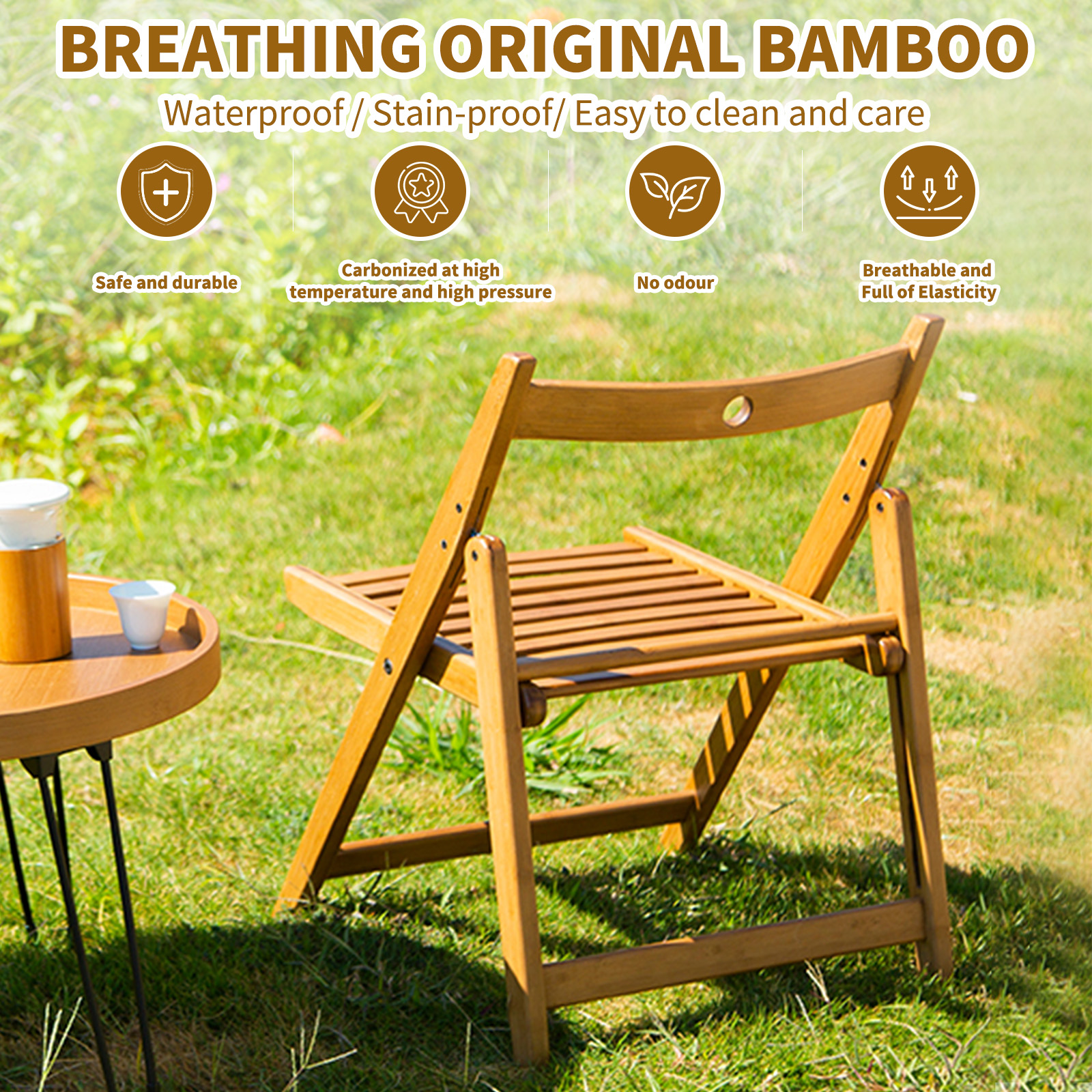 HYNAWIN Outdoor Folding Chair, Small Pastoral Retro Camping Chair, Bamboo Lounge Patio Chair for Garden, Lawn, Deck, Beach, Backyard and Campfire