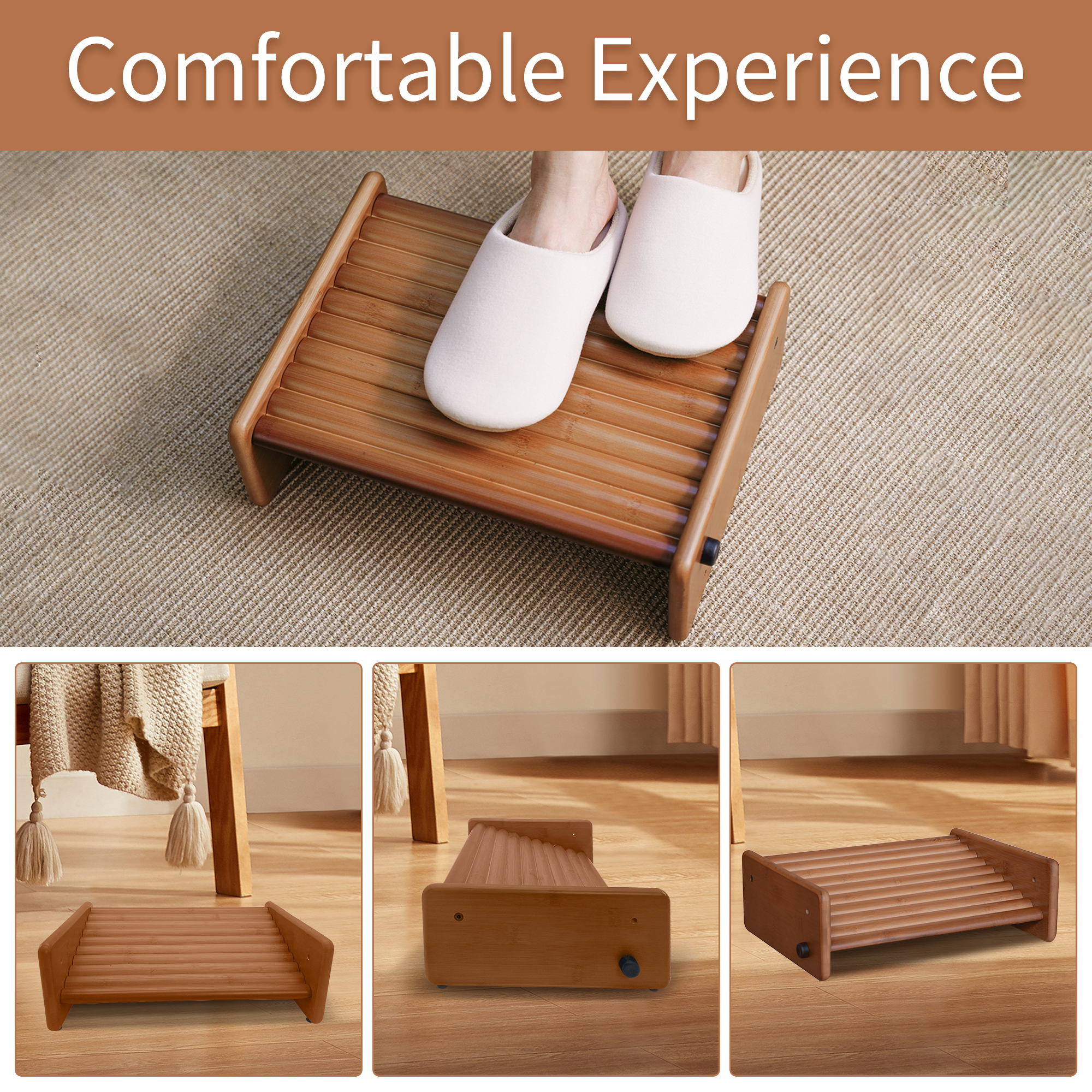 HYNAWIN Adjustable Foot Stool, Ergonomic Foot Rest for Under Desk at Work, Massage Under Desk Footrest for Home, Bamboo Portable Step Stool Under Desk with Anti-Slip Surface and 2 Height Position