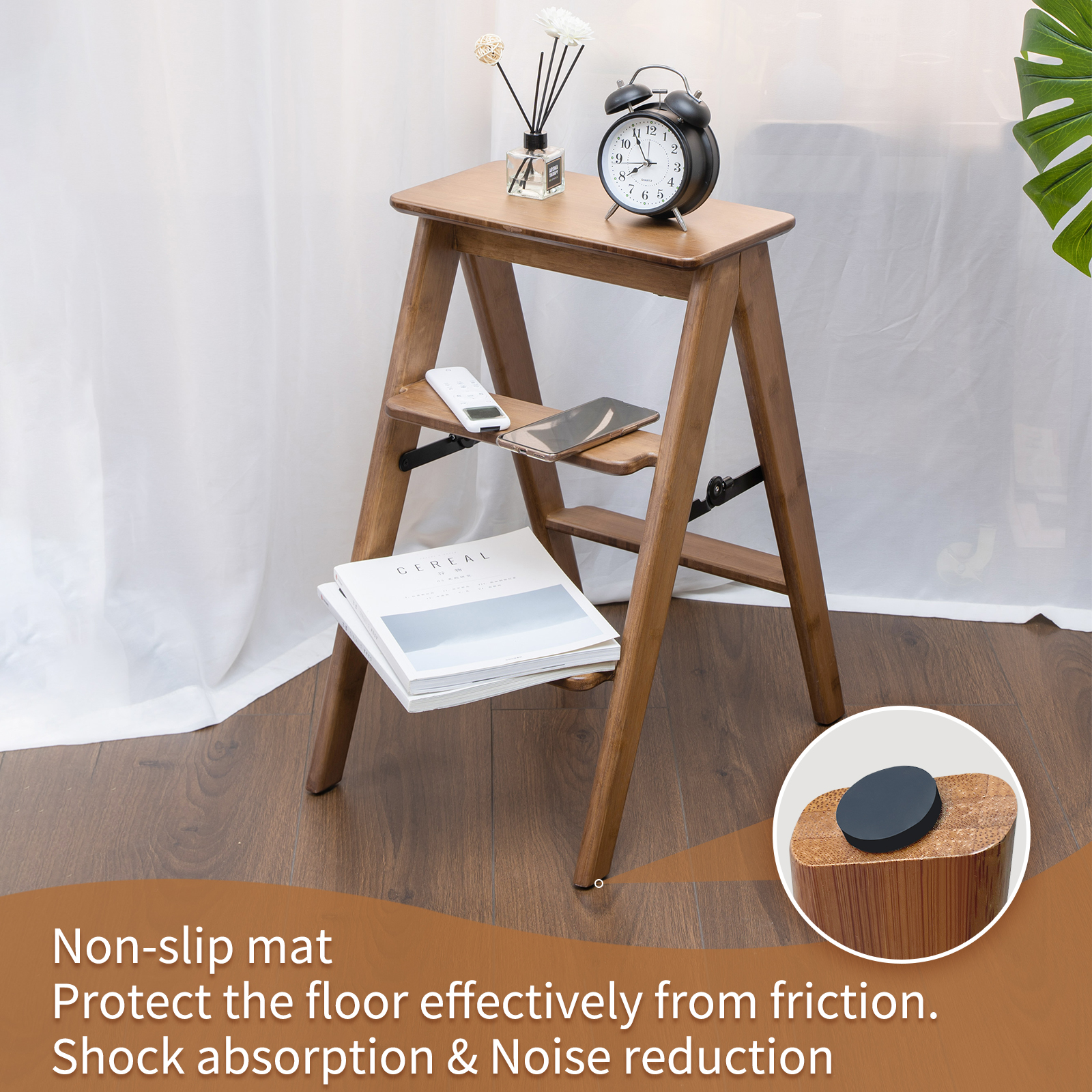 HYNAWIN 3 Tier Bamboo Ladder, Multi-Functional Foldable Ladder, Portable Bamboo Step Ladder with Wide Anti-Slip Pedals for Home, Kitchen, Office, Space-Saving