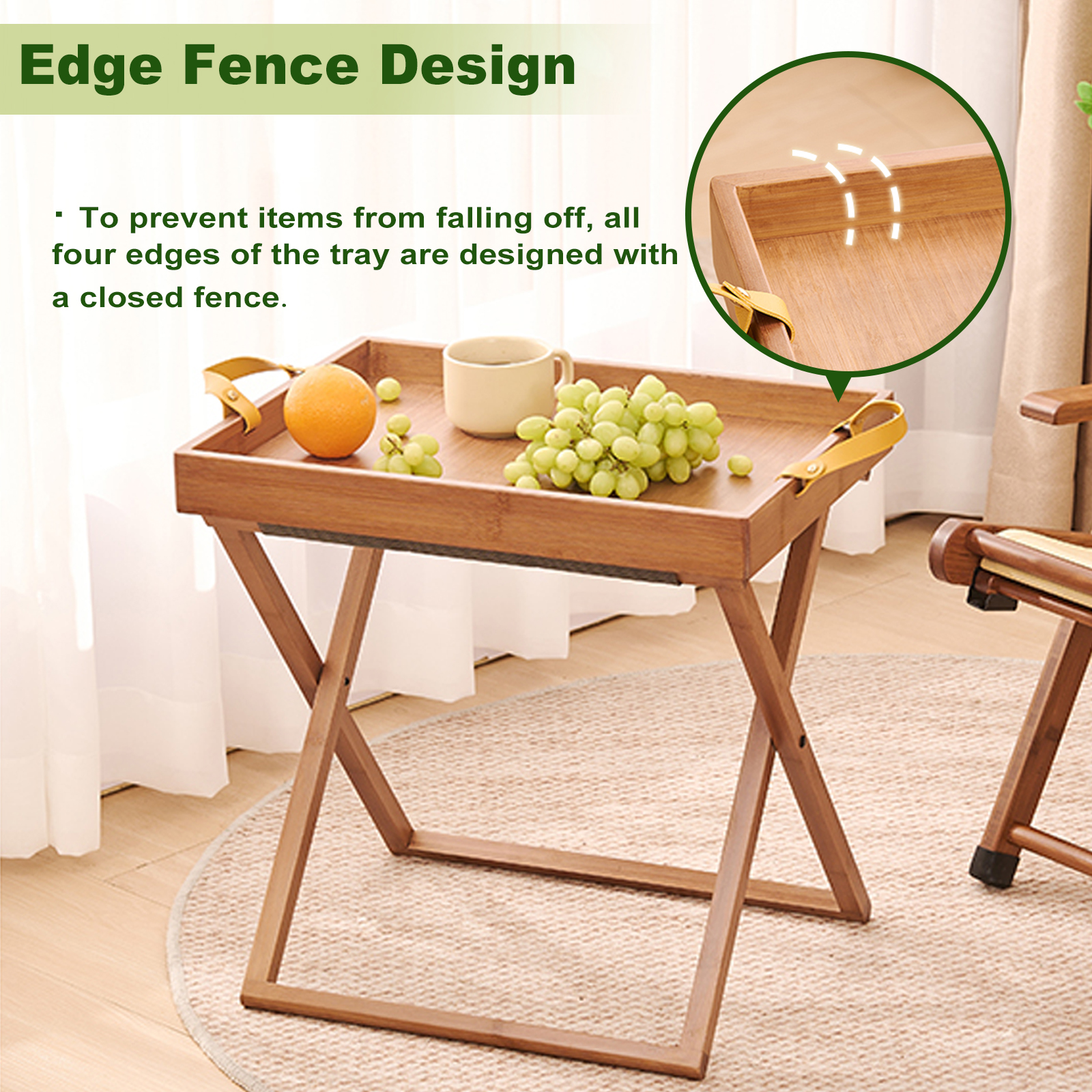 Portable Side Table,Folding Bamboo Breakfast and Snack Tray Table with Handle,Portable Camping Table