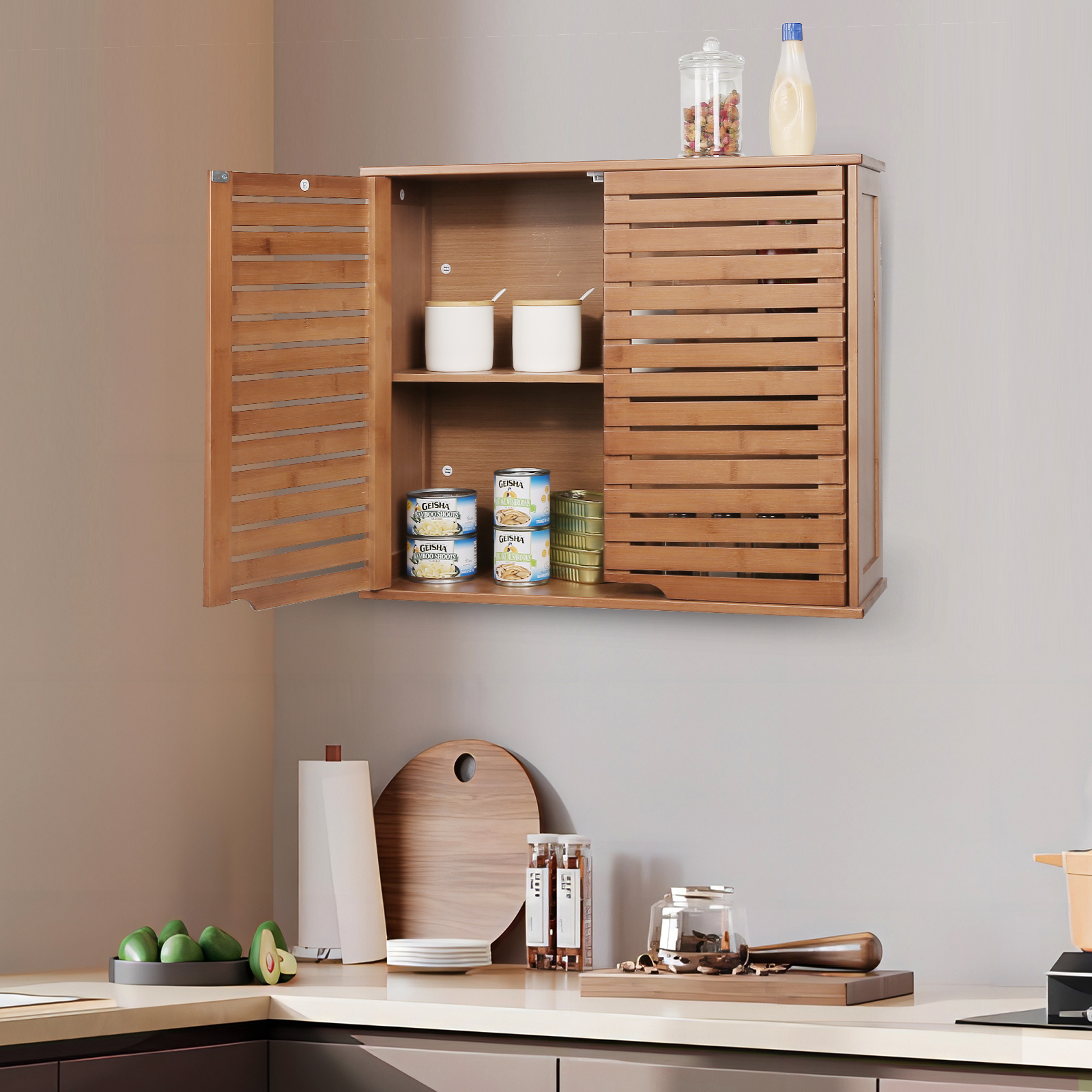 HYNAWIN Bamboo 2 Tier Bathroom Wall Cabinet with Adjustable Shelf, Double Door Cabinet for Bathroom, Living Room (20.28'' Height)