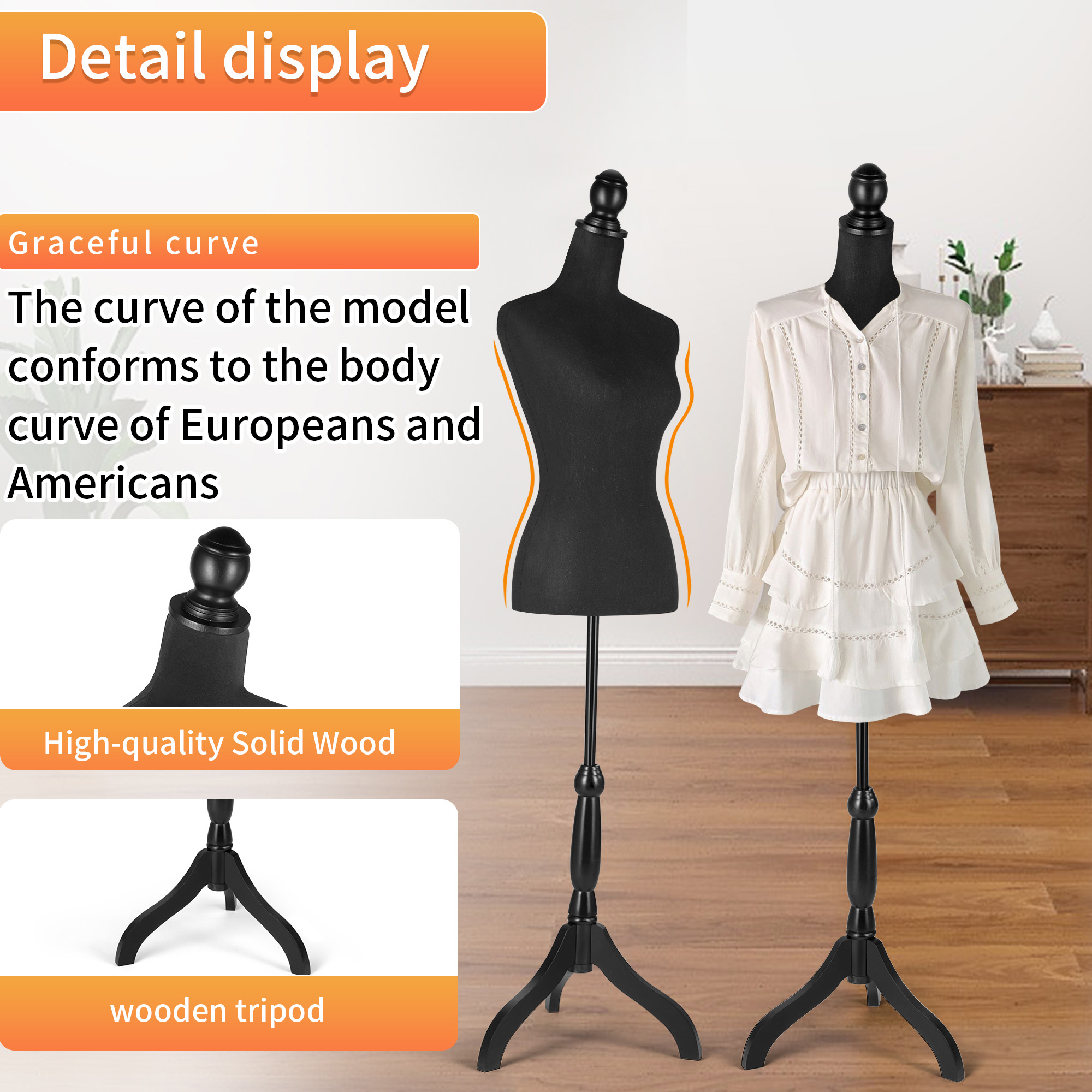 Female Dress Form Mannequin Torso Adjustable Height Mannequin Body with Tripod Stand for Clothing Dress Jewelry Display, Black