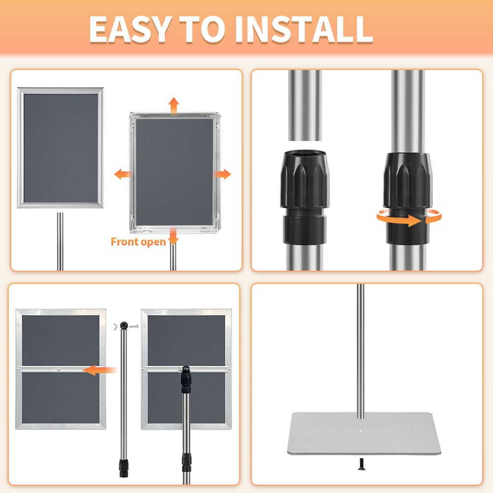 Adjustable Floor Sign Stand Heavy Duty Pedestal Sign Holder Stand, Poster Stand with Aluminum Snap Open Frame for 11x17 Inches , Both Vertical and Horizontal View Sign Displayed, Grey